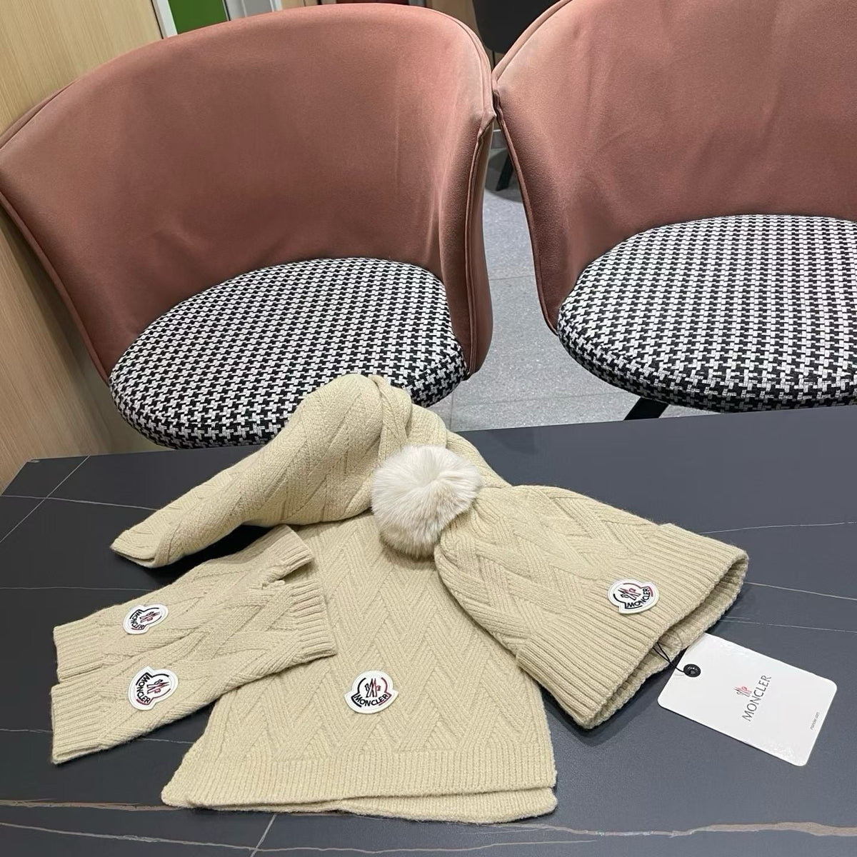 Moncler 26S Cable-Knit Pompom Beanie Scarf & Fingerless Gloves Beige Set 506084