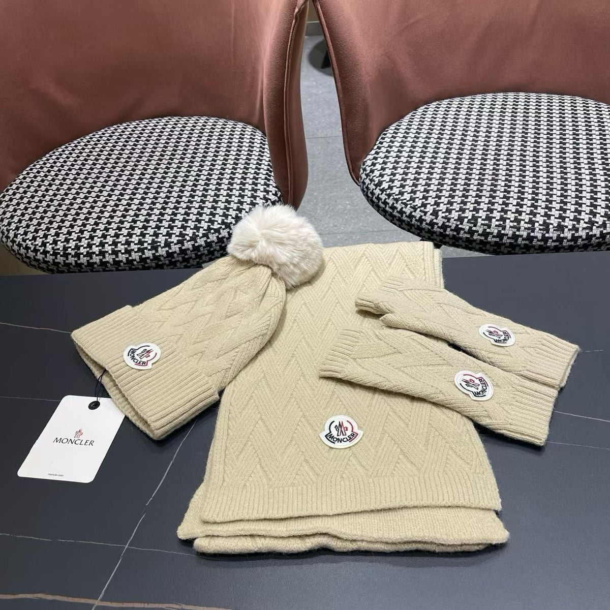 Moncler 26S Cable-Knit Pompom Beanie Scarf & Fingerless Gloves Beige Set 506084