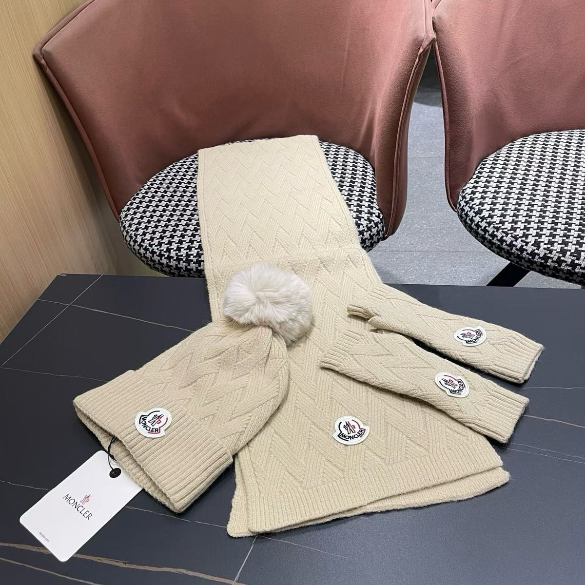 Moncler 26S Cable-Knit Pompom Beanie Scarf & Fingerless Gloves Beige Set 506084