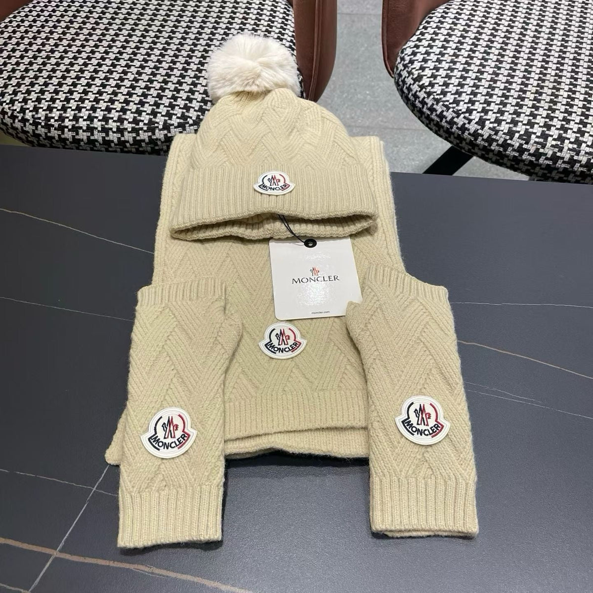Moncler 26S Cable-Knit Pompom Beanie Scarf & Fingerless Gloves Beige Set 506084