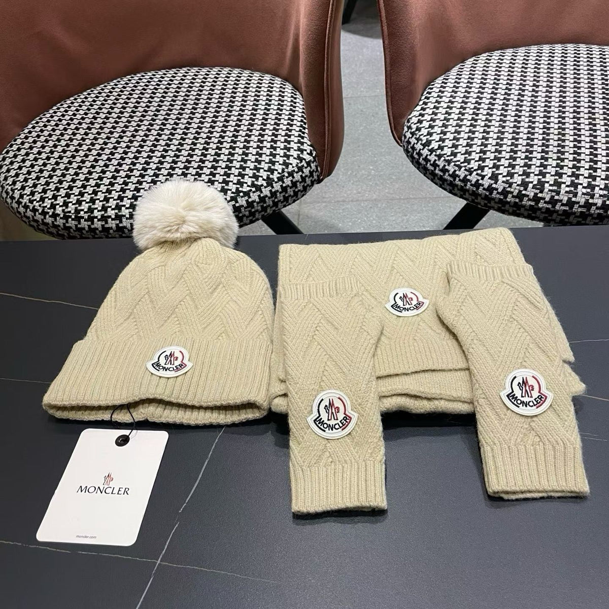 Moncler 26S Cable-Knit Pompom Beanie Scarf & Fingerless Gloves Beige Set 506084