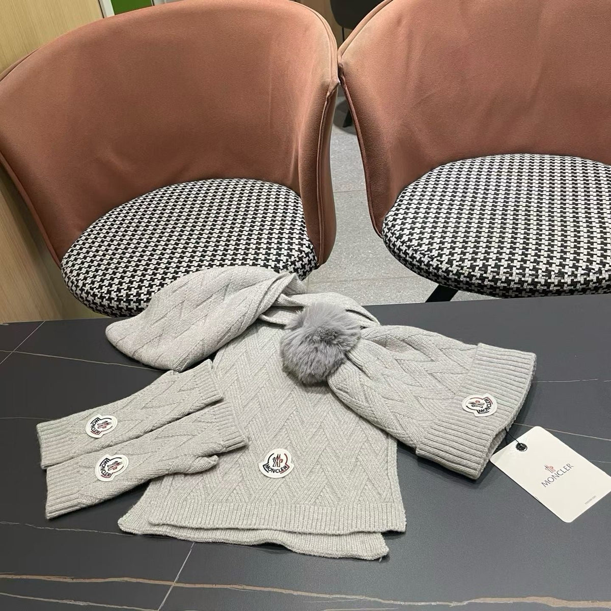 Moncler 26S Cable-Knit Pompom Beanie Scarf & Fingerless Gloves Grey Set 506085