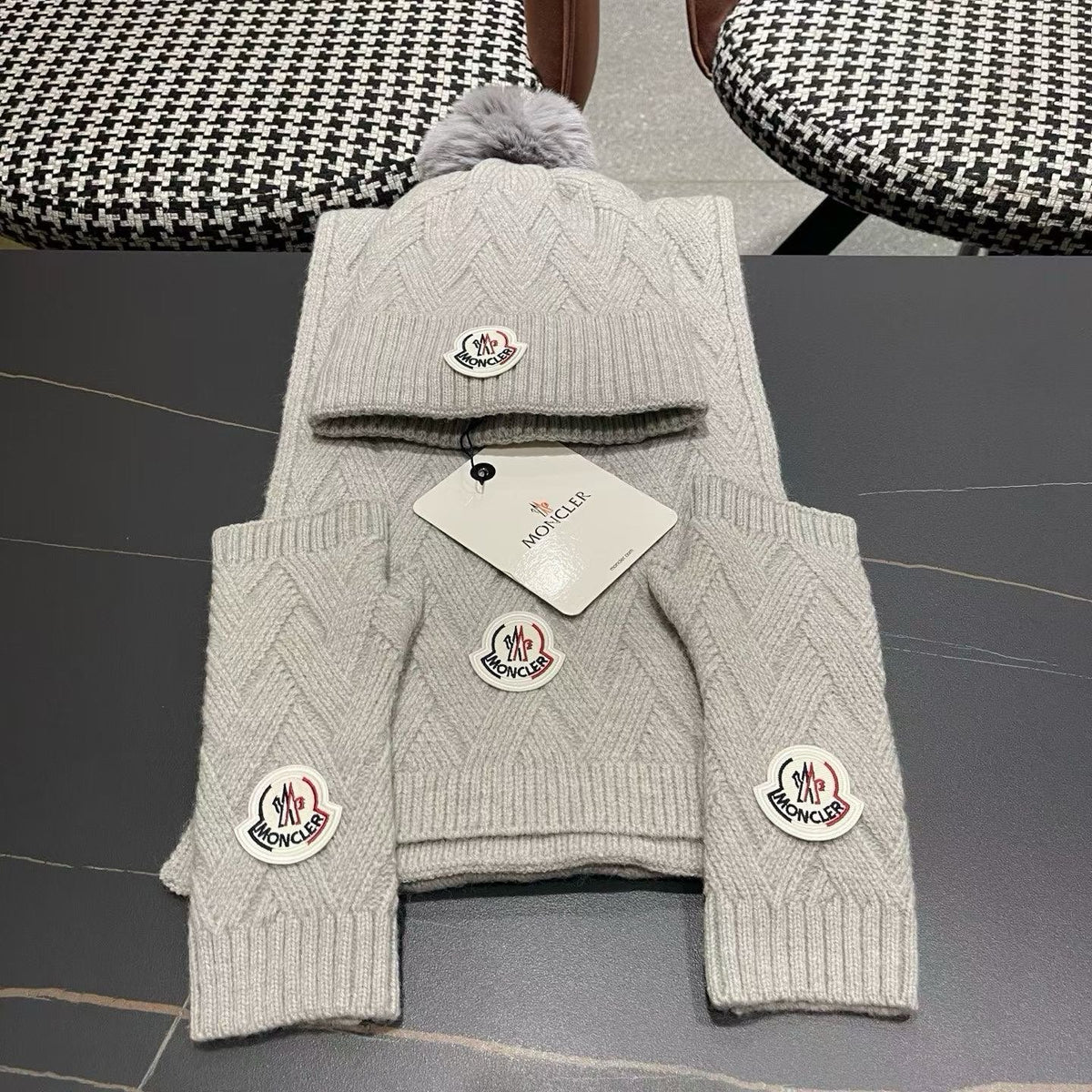 Moncler 26S Cable-Knit Pompom Beanie Scarf & Fingerless Gloves Grey Set 506085
