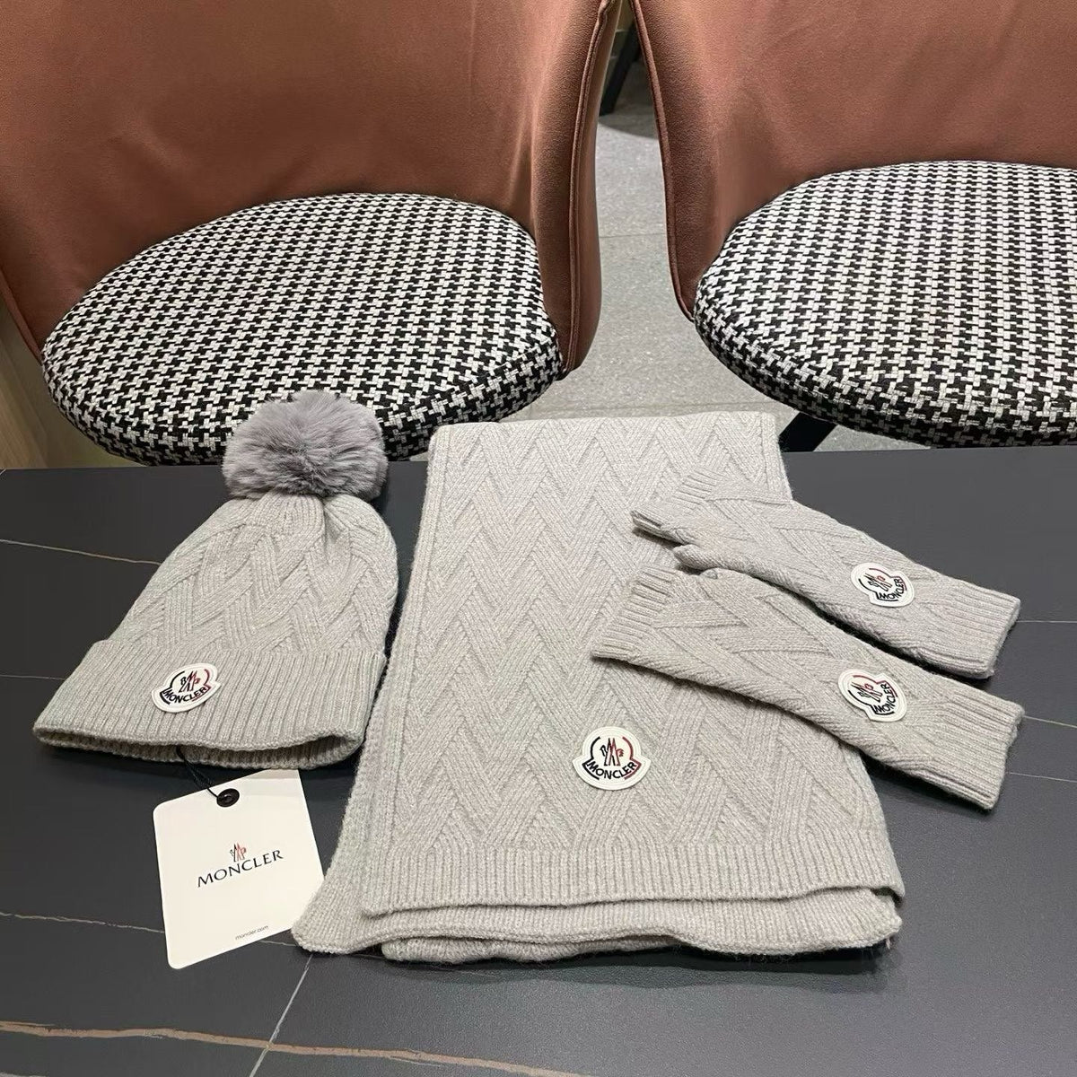 Moncler 26S Cable-Knit Pompom Beanie Scarf & Fingerless Gloves Grey Set 506085