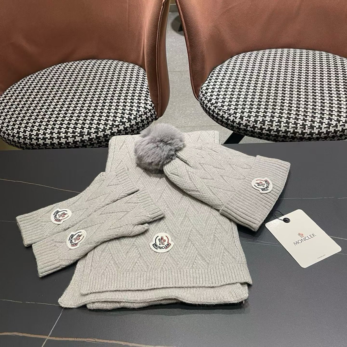 Moncler 26S Cable-Knit Pompom Beanie Scarf & Fingerless Gloves Grey Set 506085