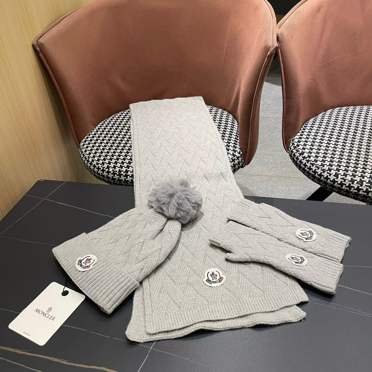 Moncler 26S Cable-Knit Pompom Beanie Scarf & Fingerless Gloves Grey Set 506085