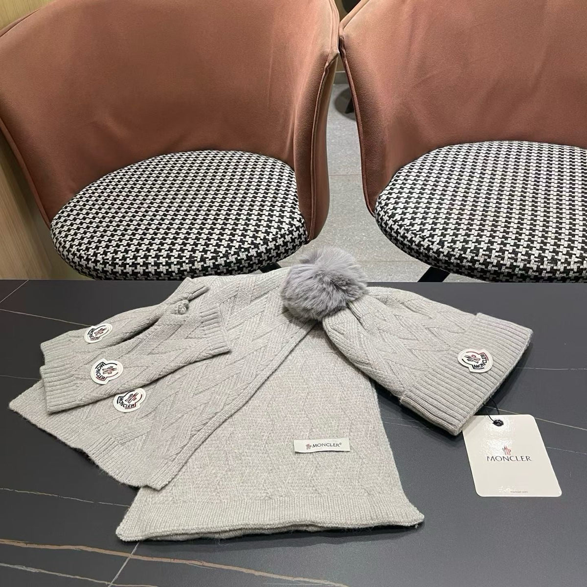 Moncler 26S Cable-Knit Pompom Beanie Scarf & Fingerless Gloves Grey Set 506085