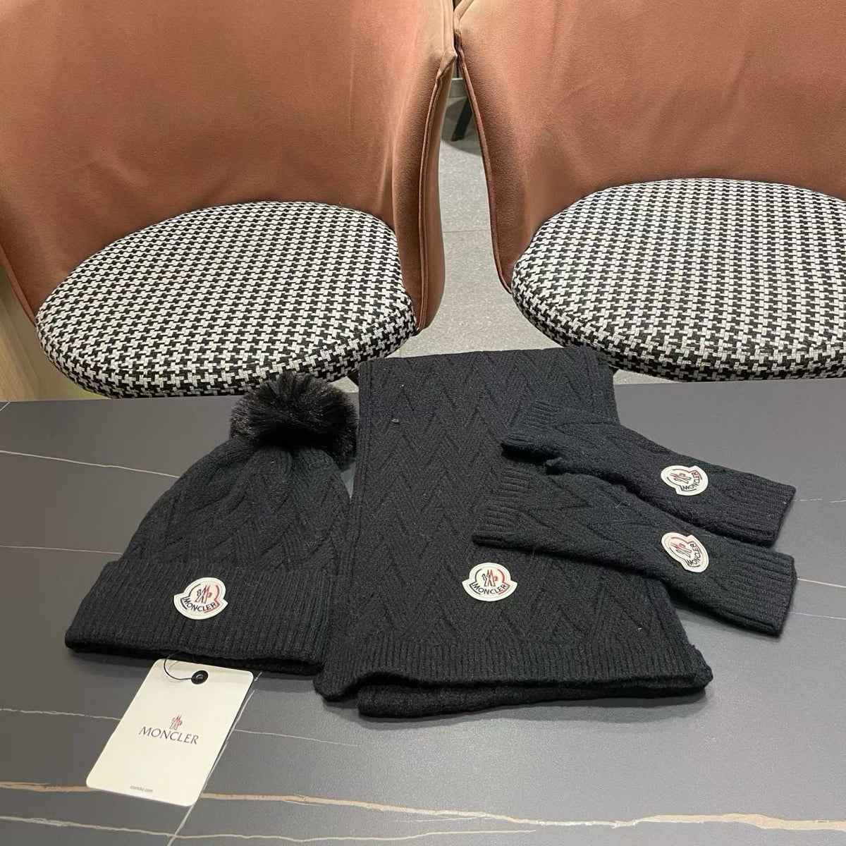 Moncler 26S Cable-Knit Pompom Beanie Scarf & Fingerless Gloves Black Set 506083