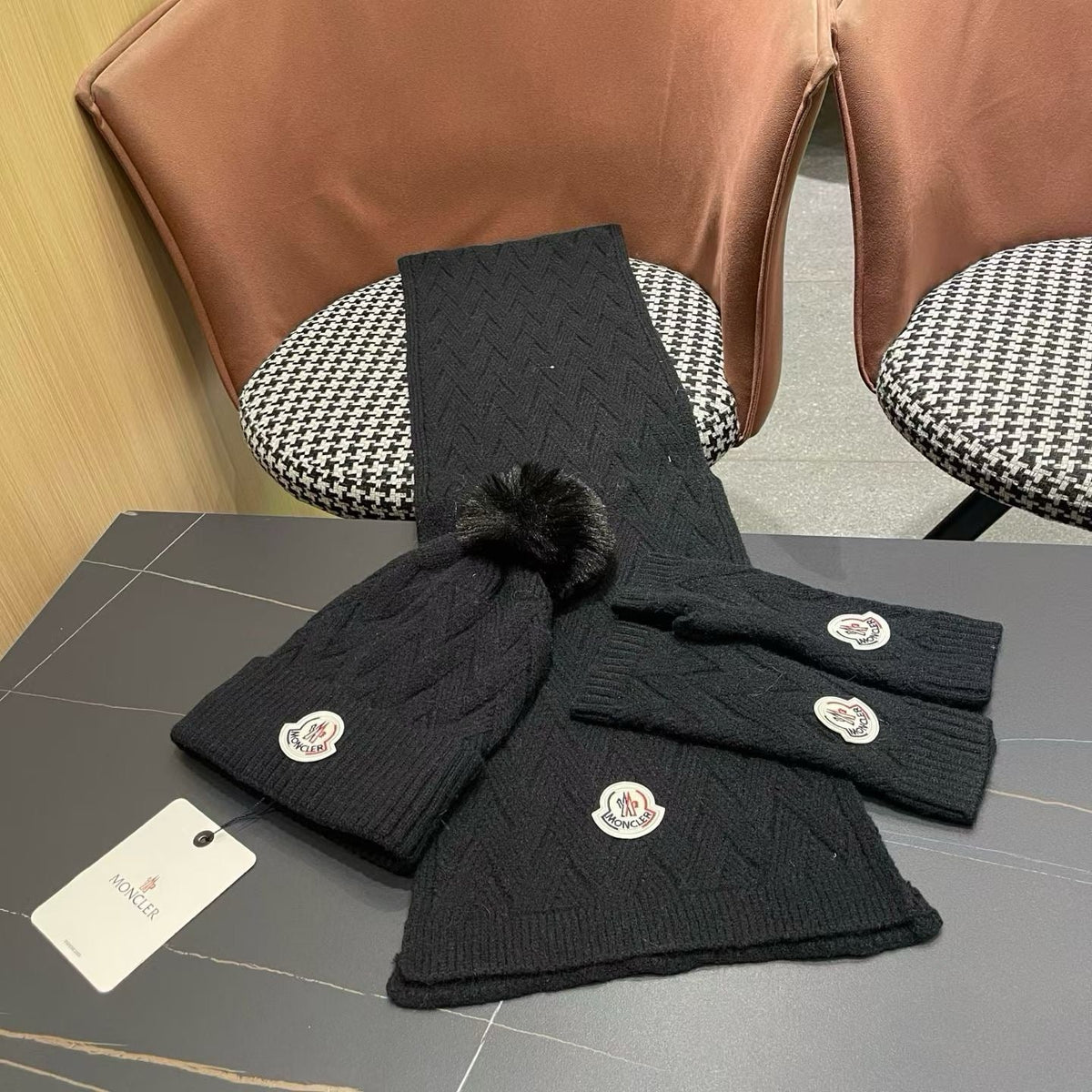 Moncler 26S Cable-Knit Pompom Beanie Scarf & Fingerless Gloves Black Set 506083