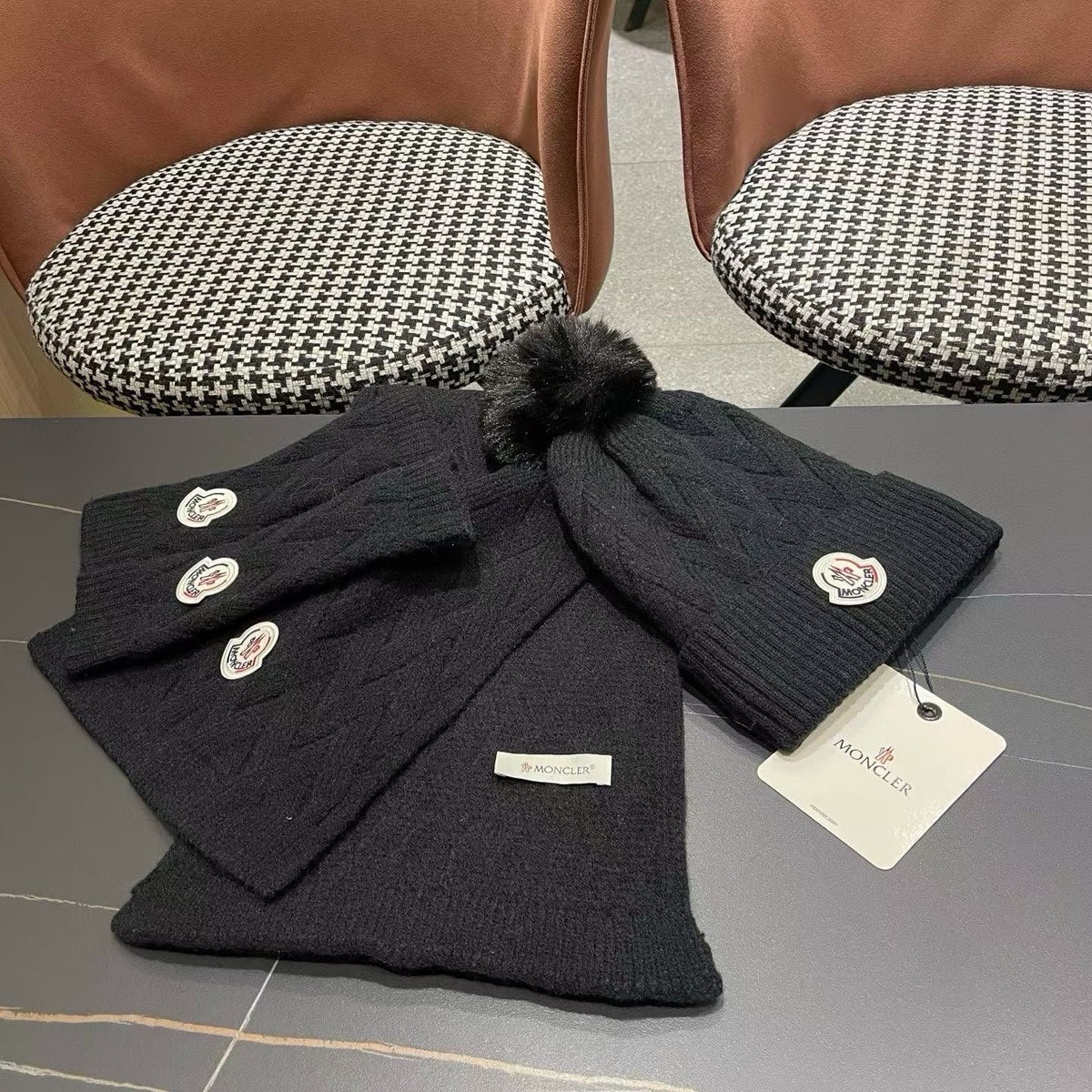 Moncler 26S Cable-Knit Pompom Beanie Scarf & Fingerless Gloves Black Set 506083