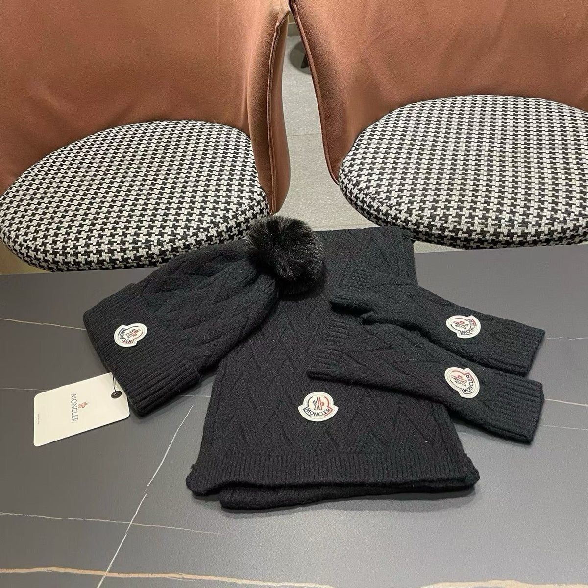 Moncler 26S Cable-Knit Pompom Beanie Scarf & Fingerless Gloves Black Set 506083
