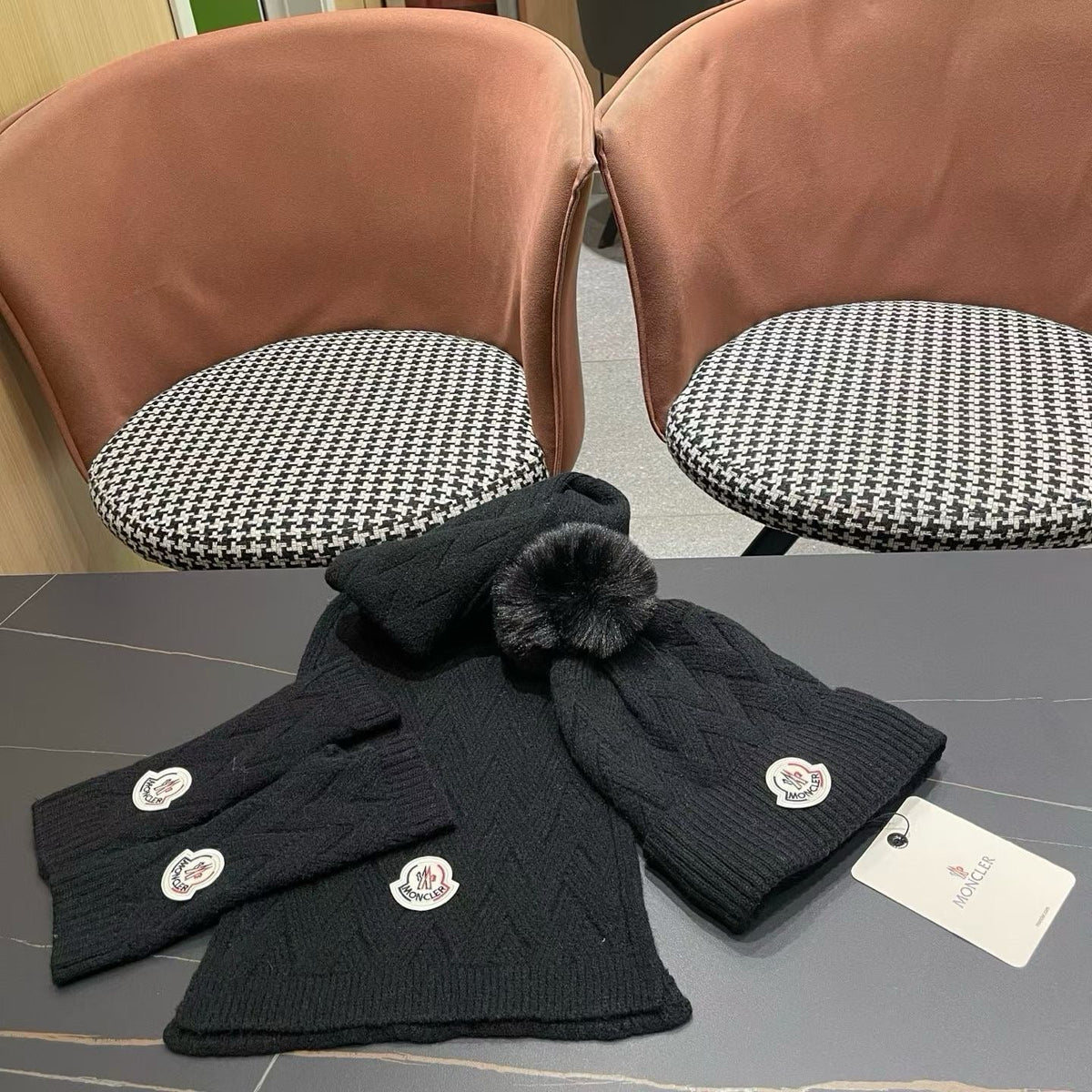 Moncler 26S Cable-Knit Pompom Beanie Scarf & Fingerless Gloves Black Set 506083