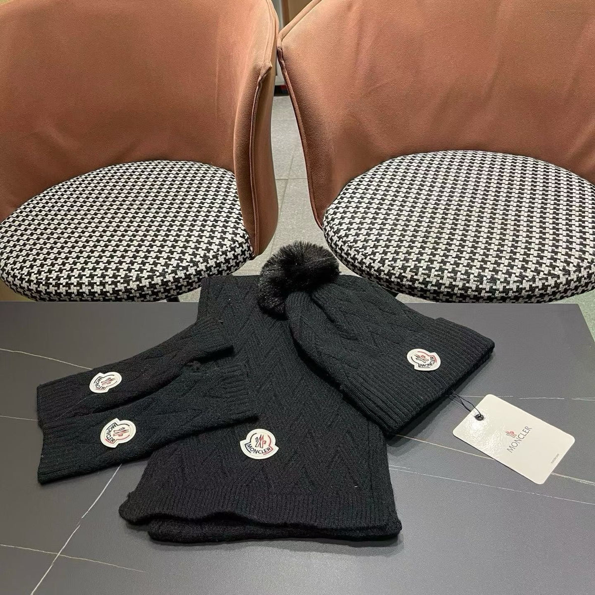 Moncler 26S Cable-Knit Pompom Beanie Scarf & Fingerless Gloves Black Set 506083