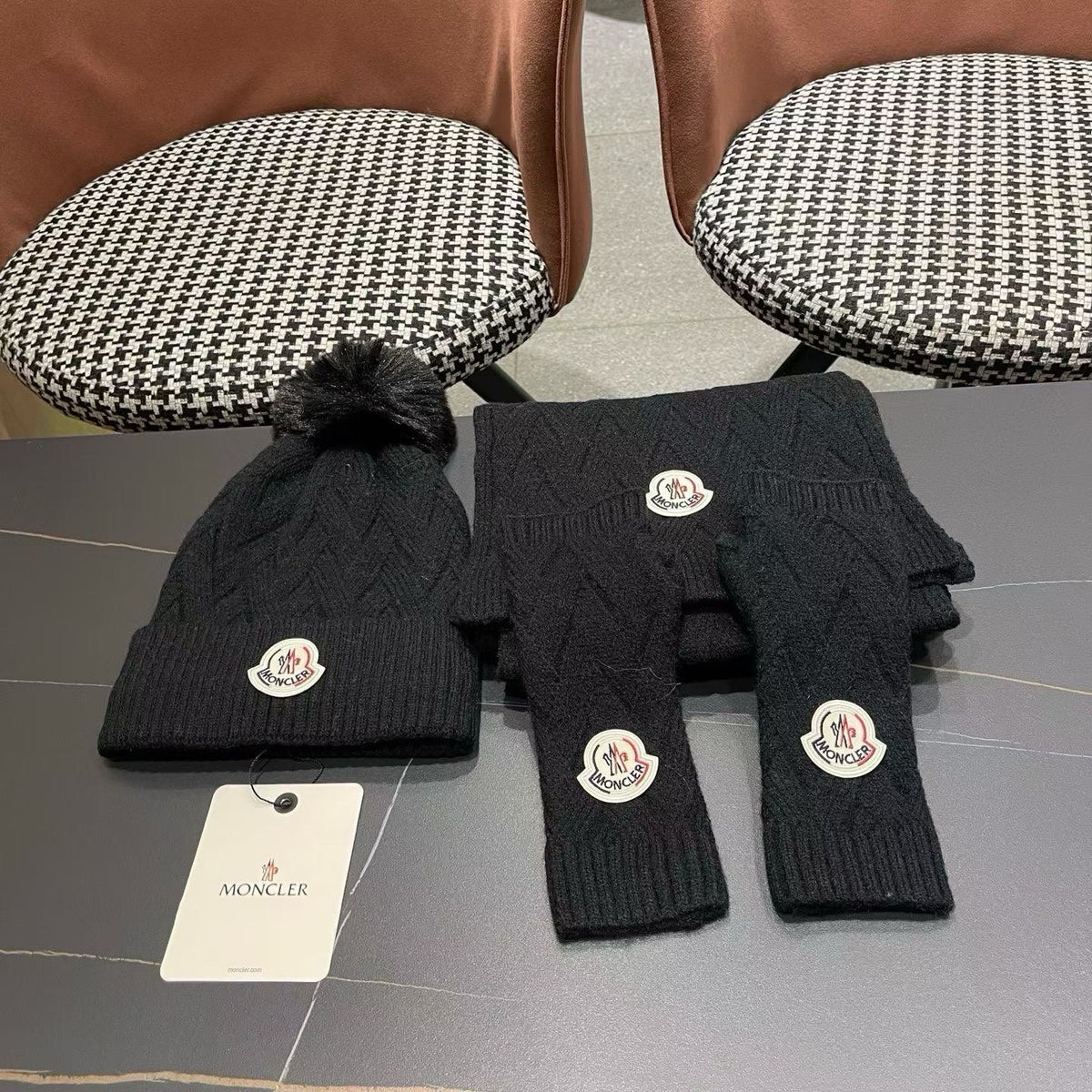 Moncler 26S Cable-Knit Pompom Beanie Scarf & Fingerless Gloves Black Set 506083