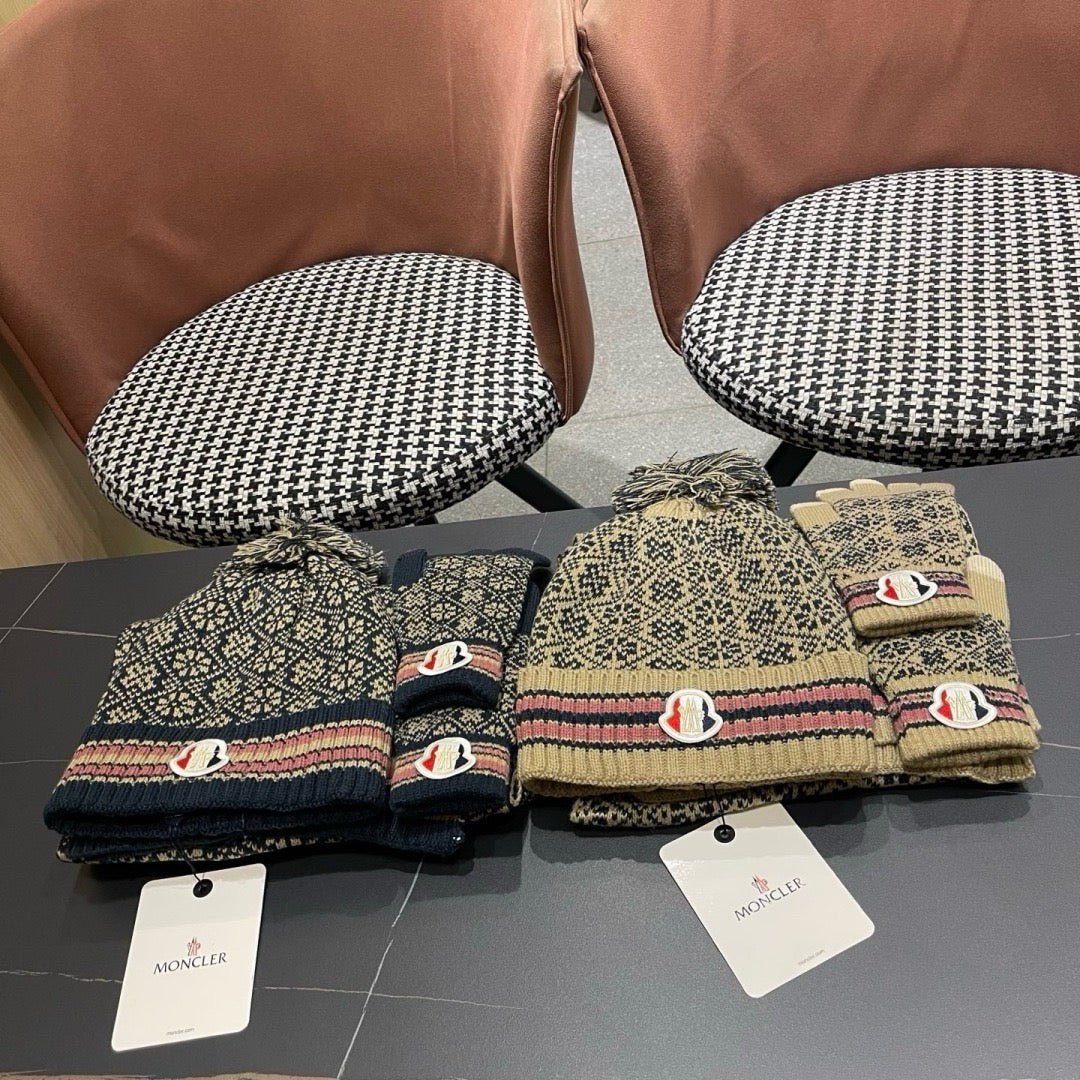 Moncler Hat Scarf Gloves Set Beige Jacquard 481809