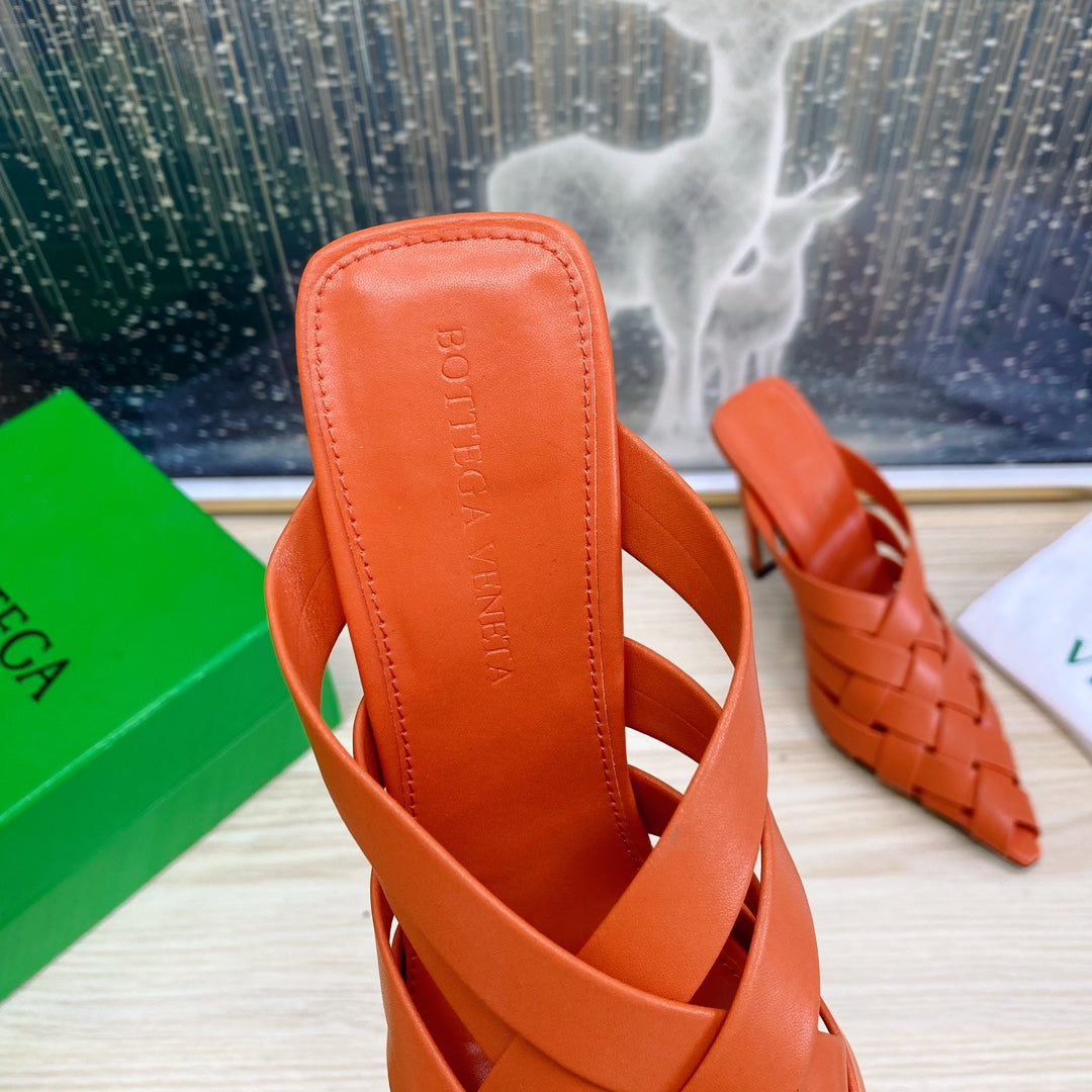 BV 26s Alfie High Mules Vivid Orange Woven Calfskin