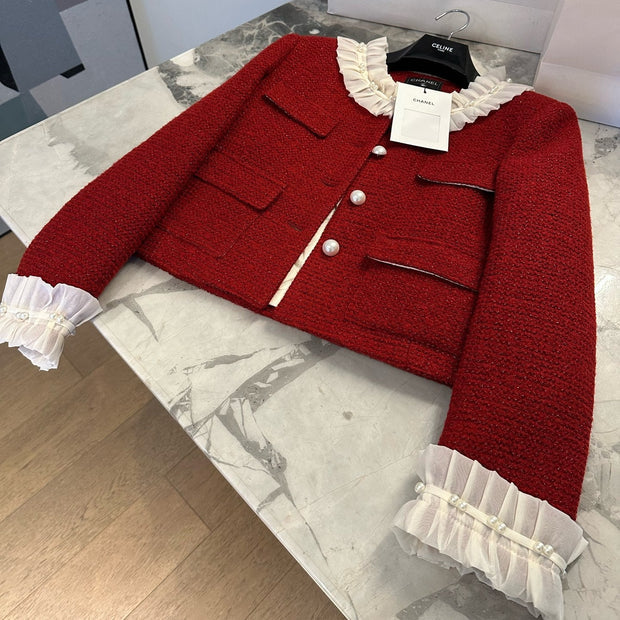 Chanel 2026 Ruffle Collar Jacket Red White Wool Tweed