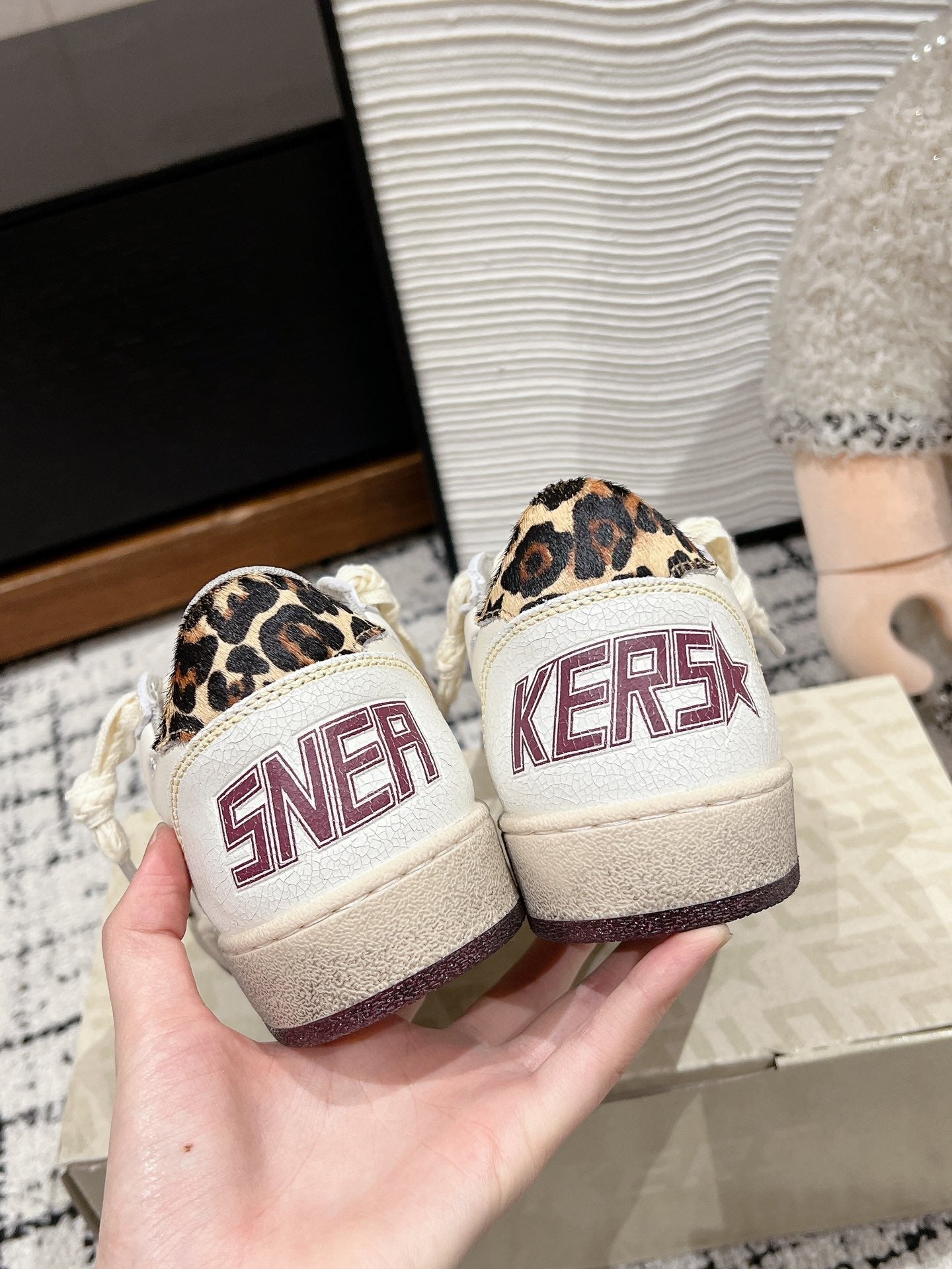 BALL STAR SNEAKERS WHITE CALFSKIN WITH LEOPARD STAR AND HEEL LAB