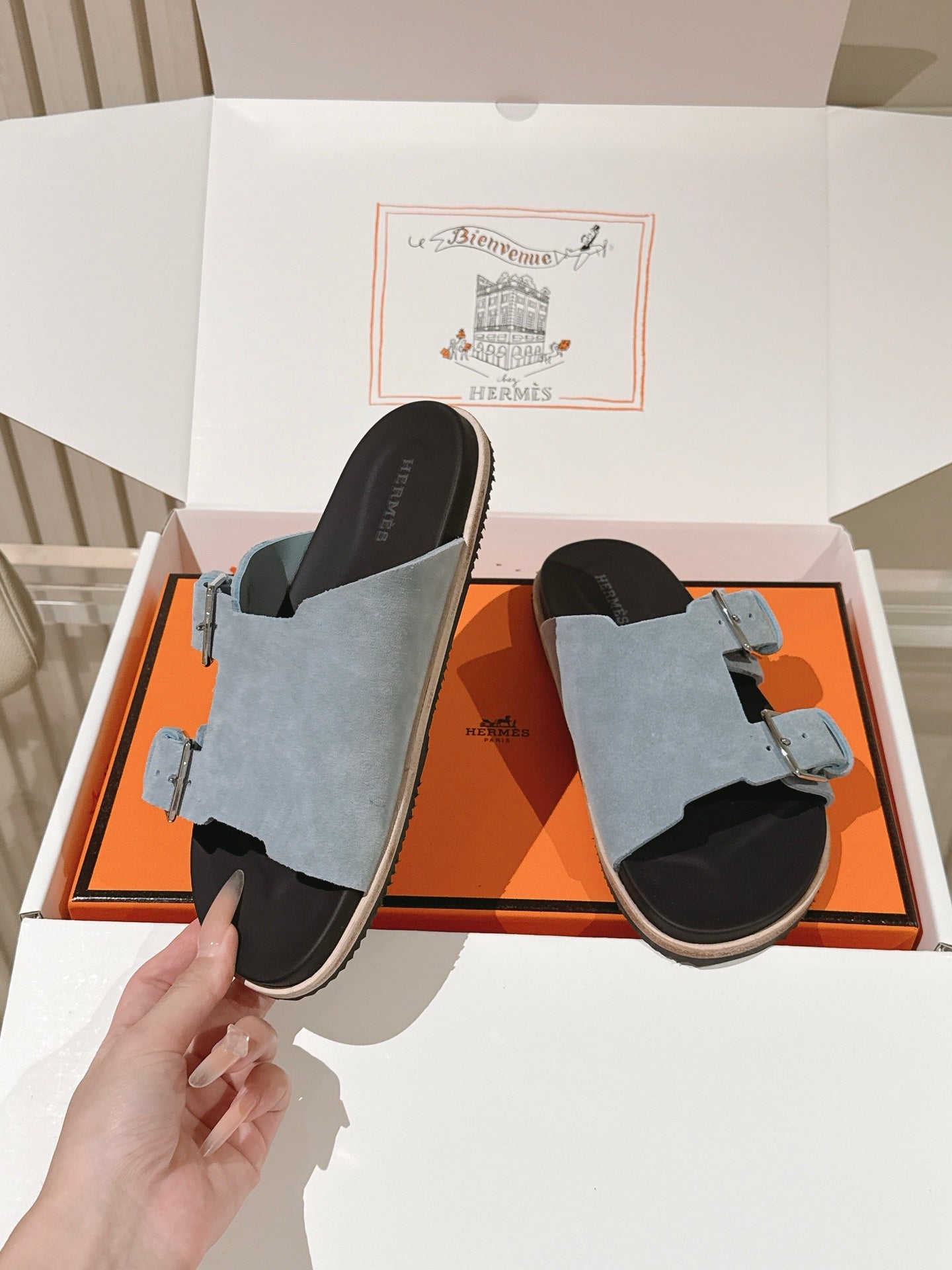 HM 26s Double Buckle Birkenstock Sandals Grey Suede 968906