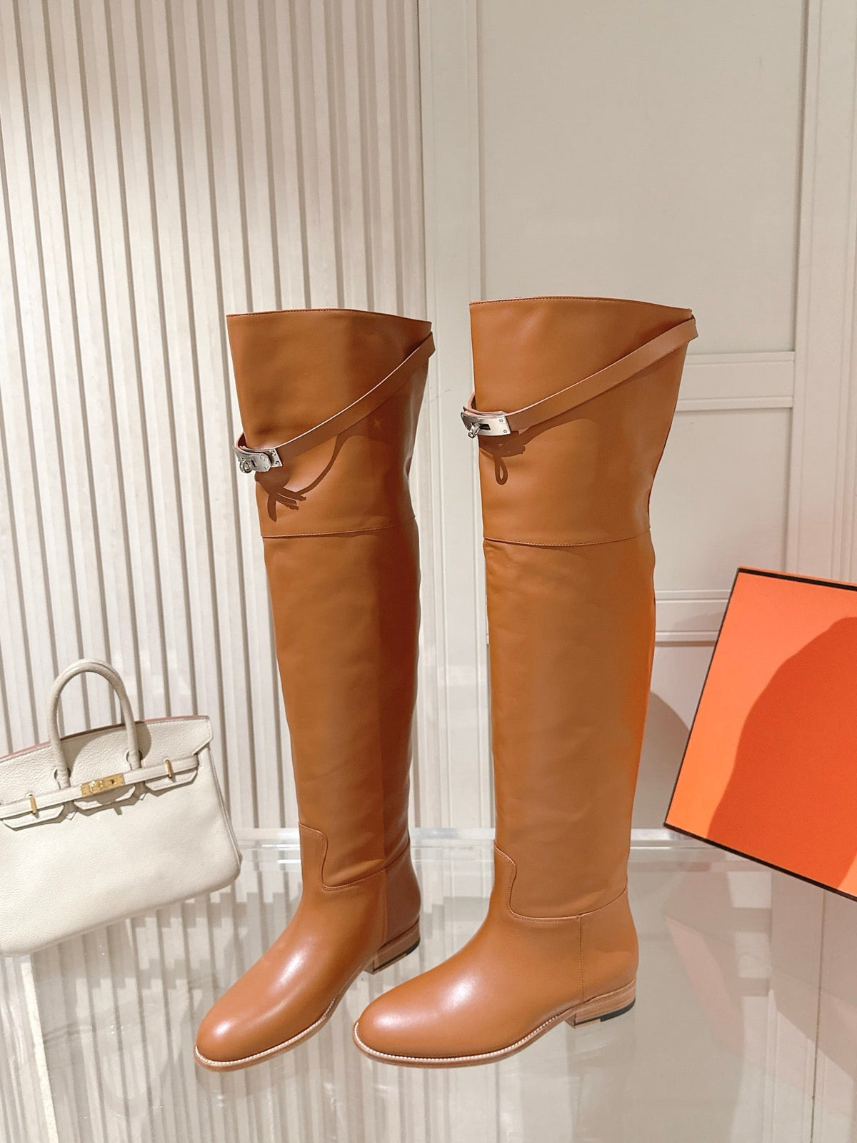 HM 26S Over the Knee Boots in Cognac Brown Calfskin