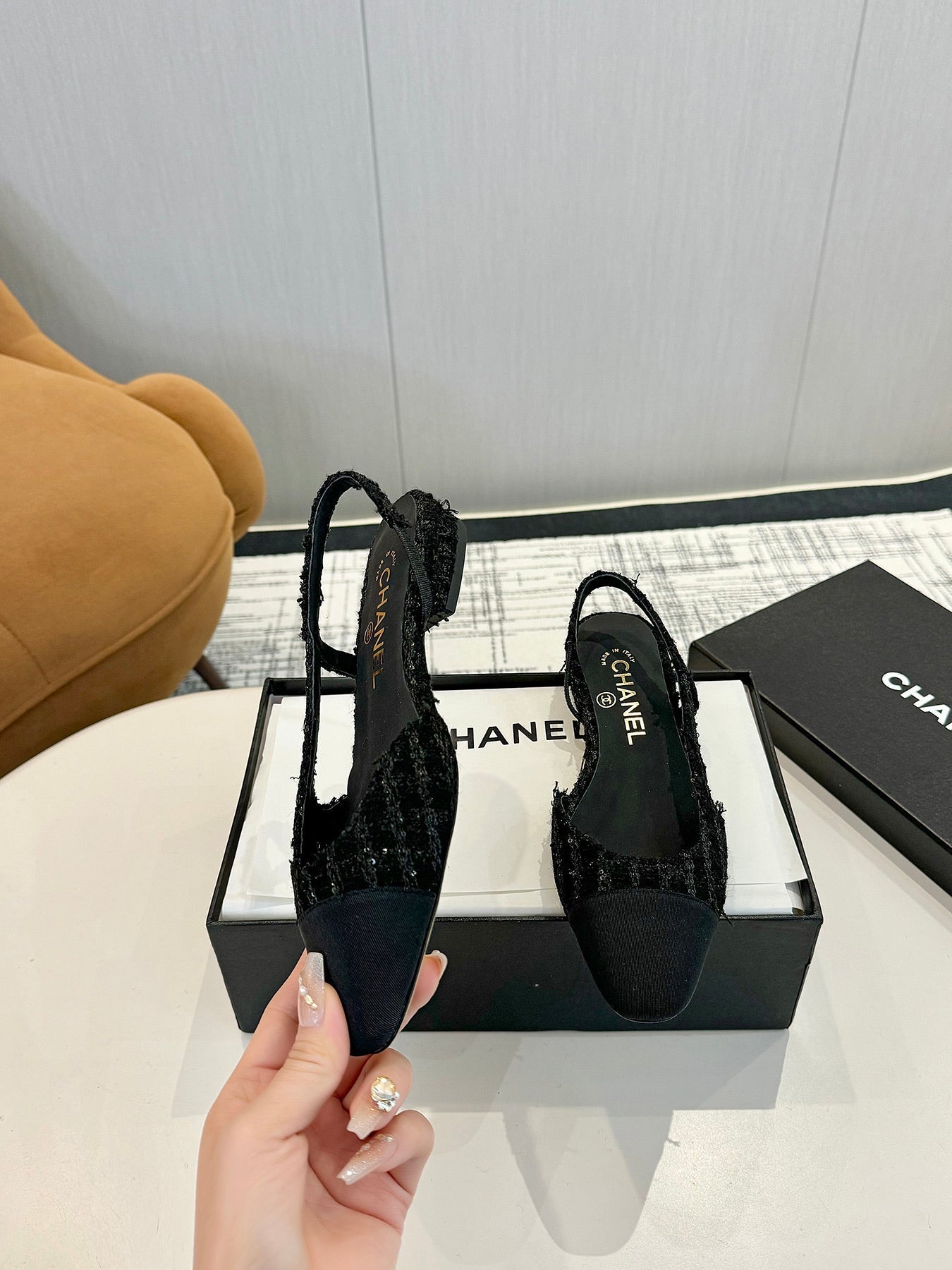 cc 25c slingback flat black tweed black grosgrain 233610