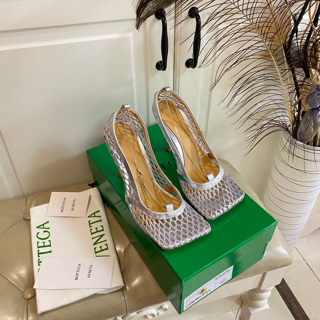 BV 26s Stretch Lace-Up Sandal 9cm Silver Metallized Mesh Leather