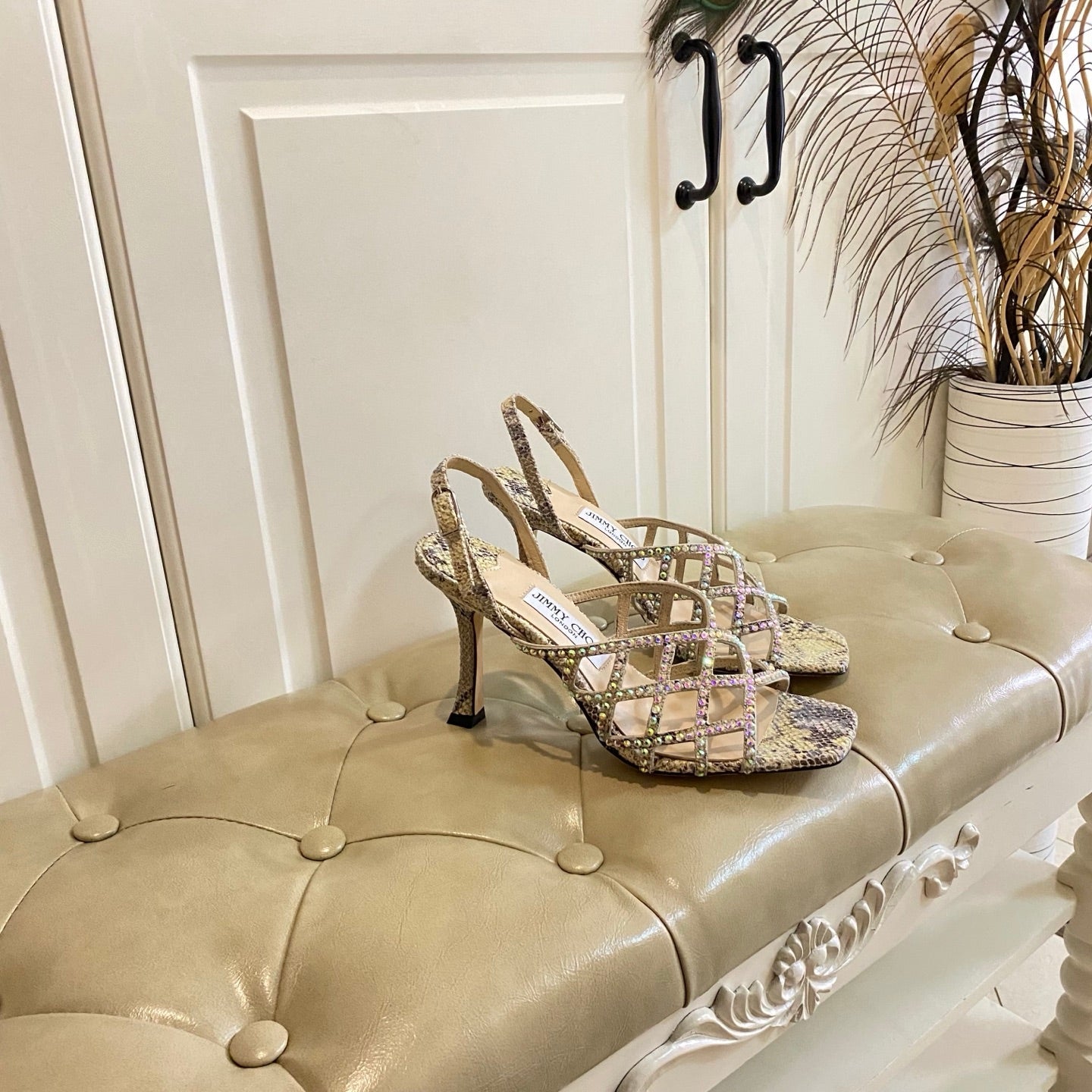 Jimmy Choo Saila Sandals 9cm Beige Sheepskin/Snake-Print Leather 688239