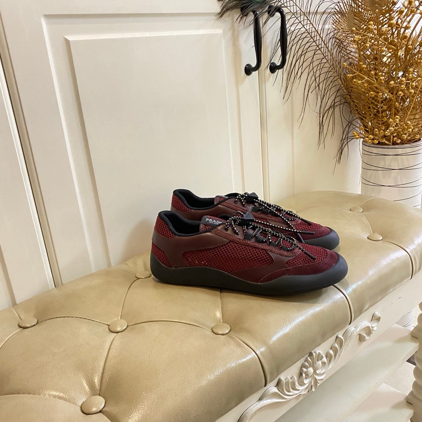 Prada 26s Lace Up Sneakers Chunky Sole In Red Tech Fabric And Mesh