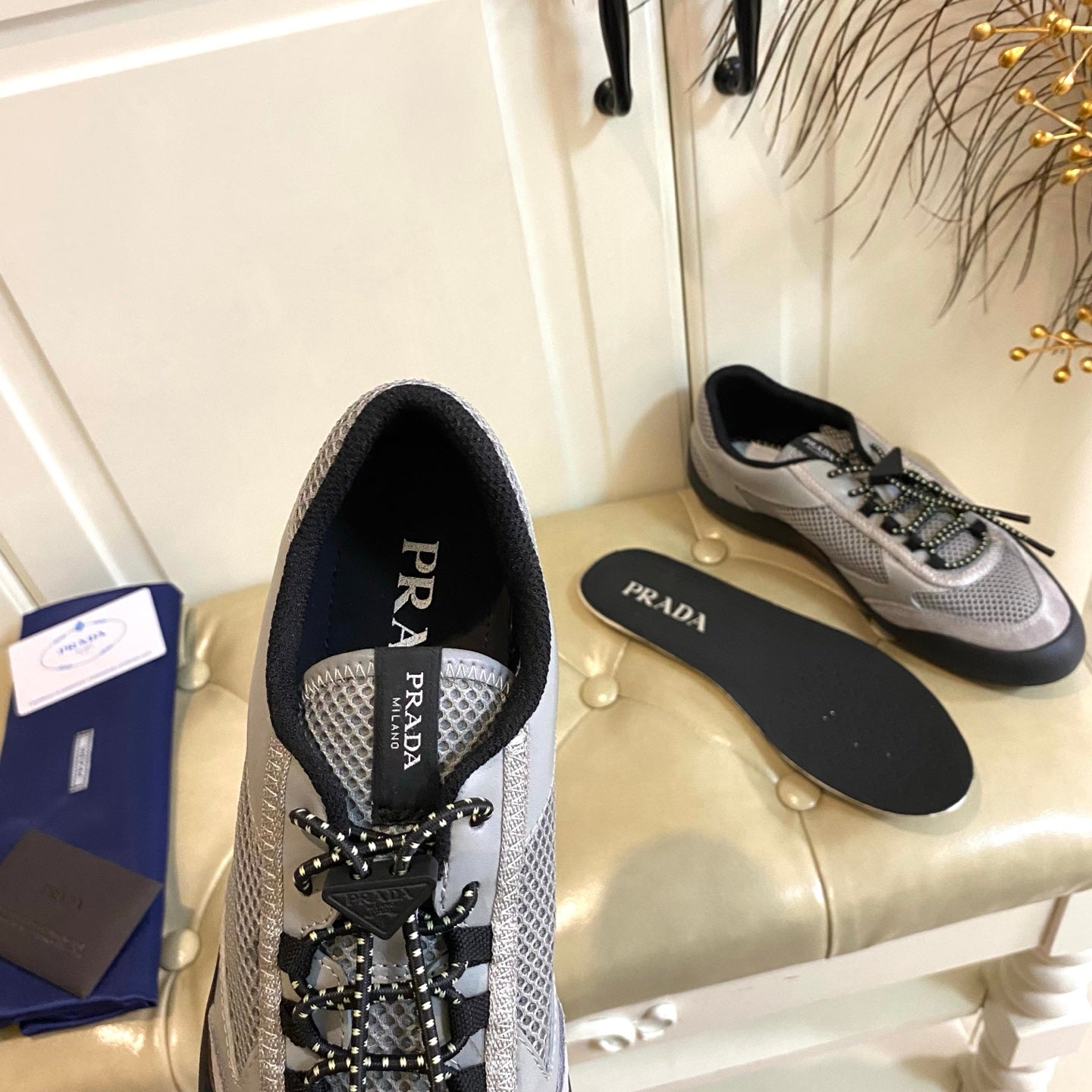 Prada 26s Lace Up Sneakers Chunky Sole In Grey Tech Fabric And Mesh