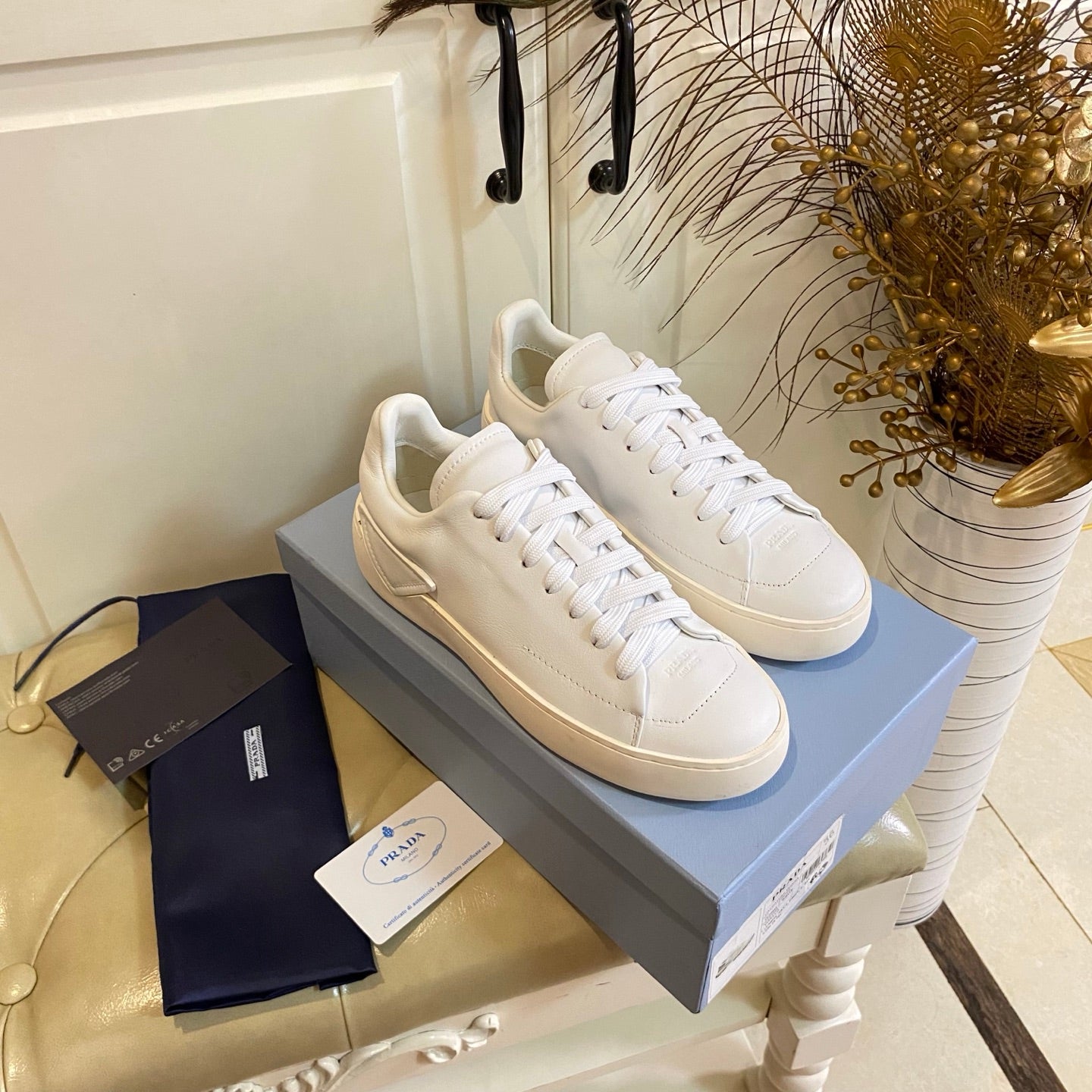 Prada 26s Court Sneakers Full White Leather 866069