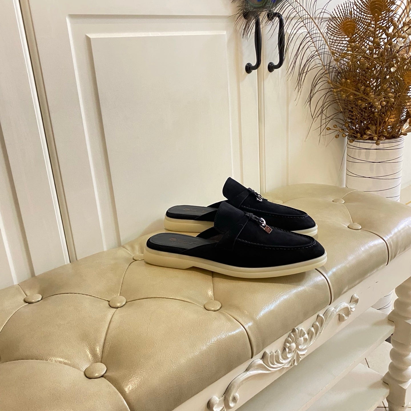 LP 26s Lock Charm Mules In Black Suede Gold Hardware