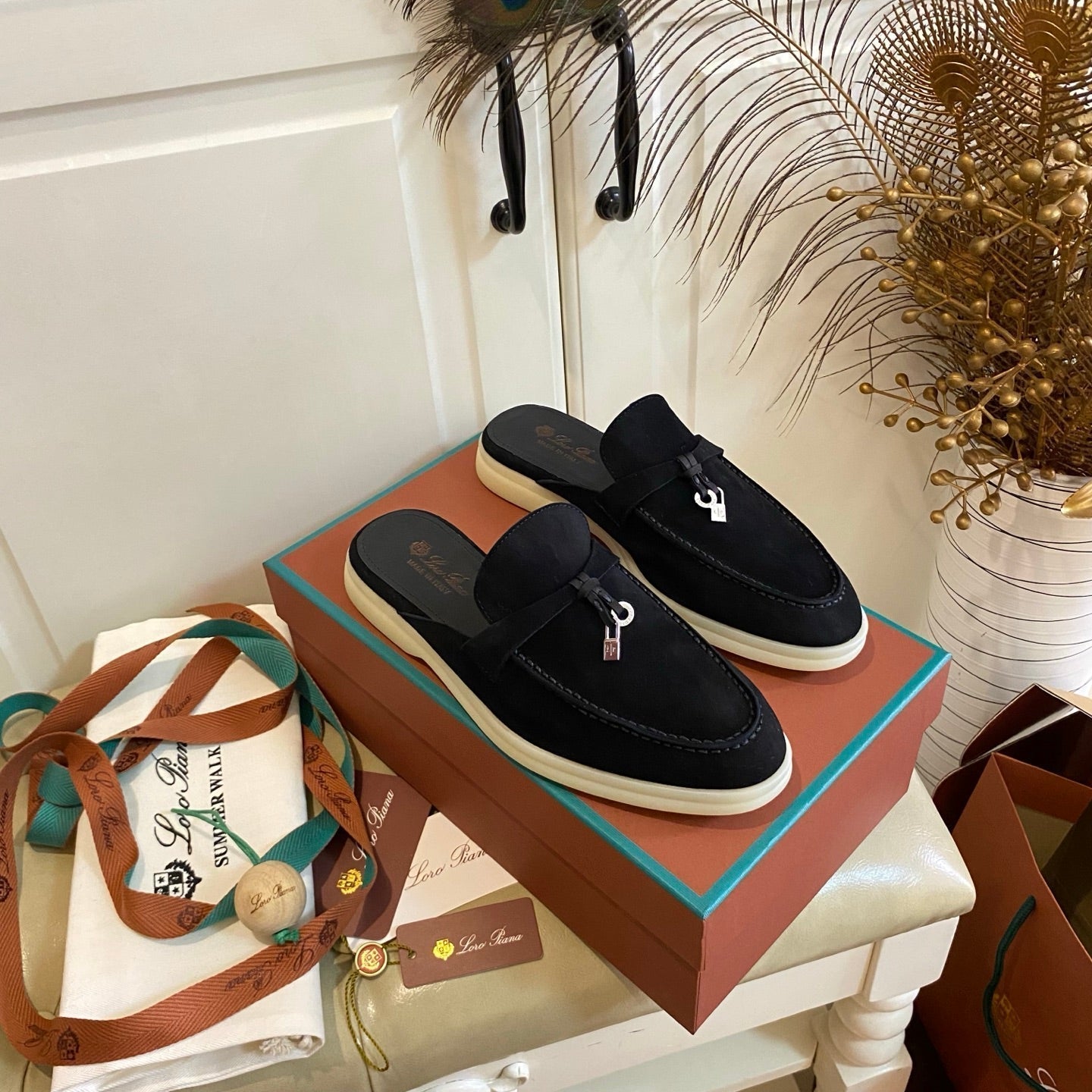 LP 26s Lock Charm Mules In Black Suede Gold Hardware