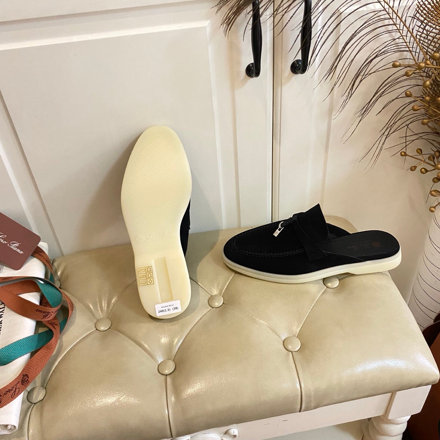 LP 26s Lock Charm Mules In Black Suede Gold Hardware