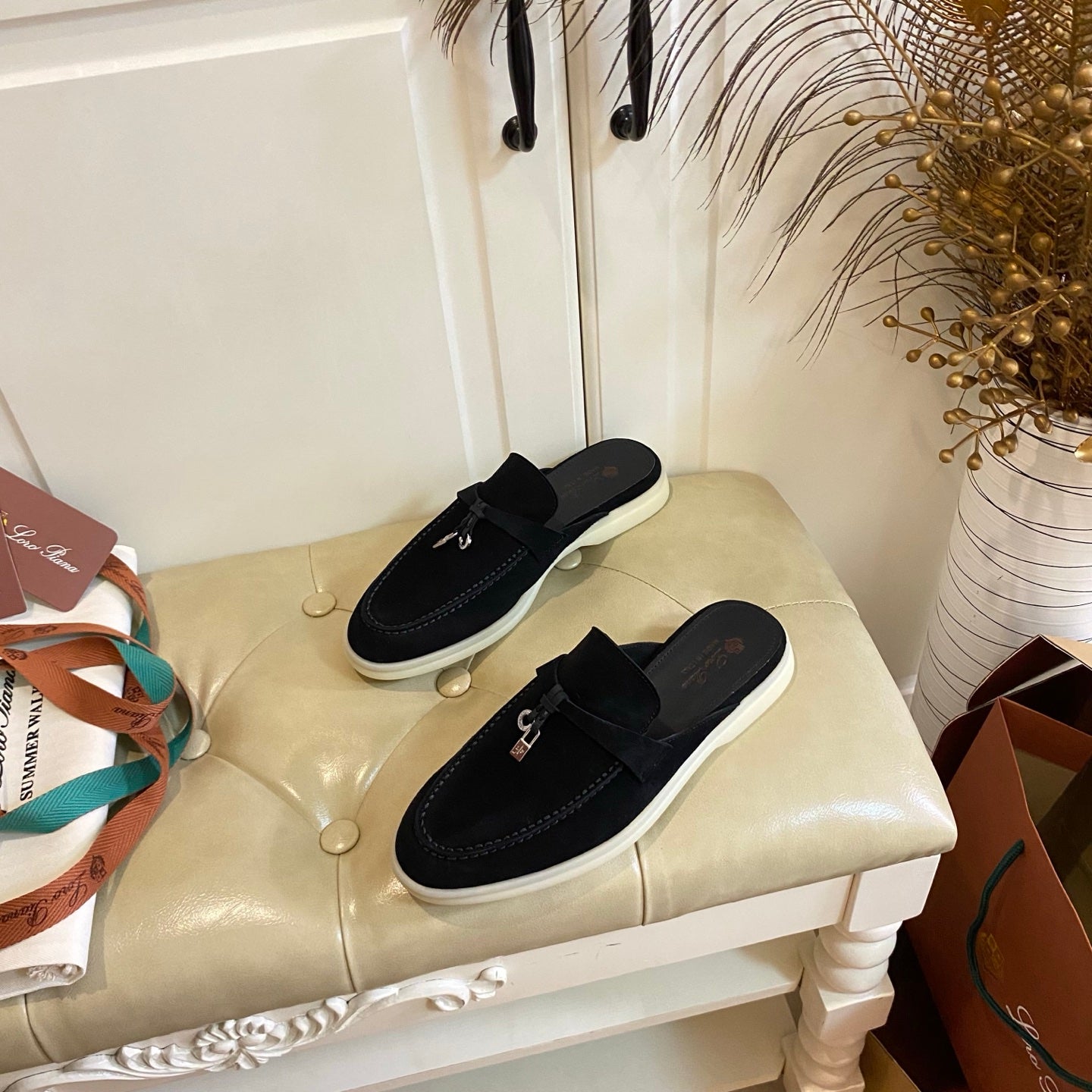 LP 26s Lock Charm Mules In Black Suede Gold Hardware