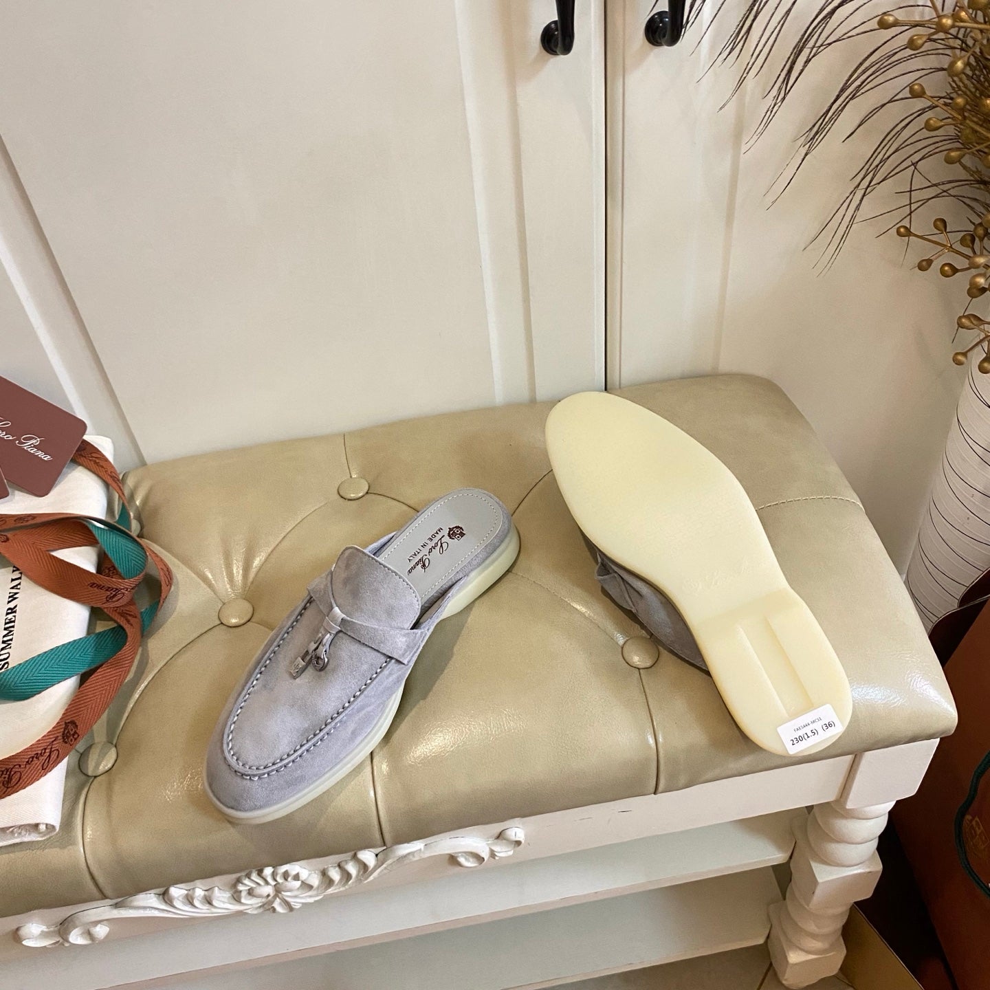 LP 26s Lock Charm Mules In Light Grey Suede Gold Hardware