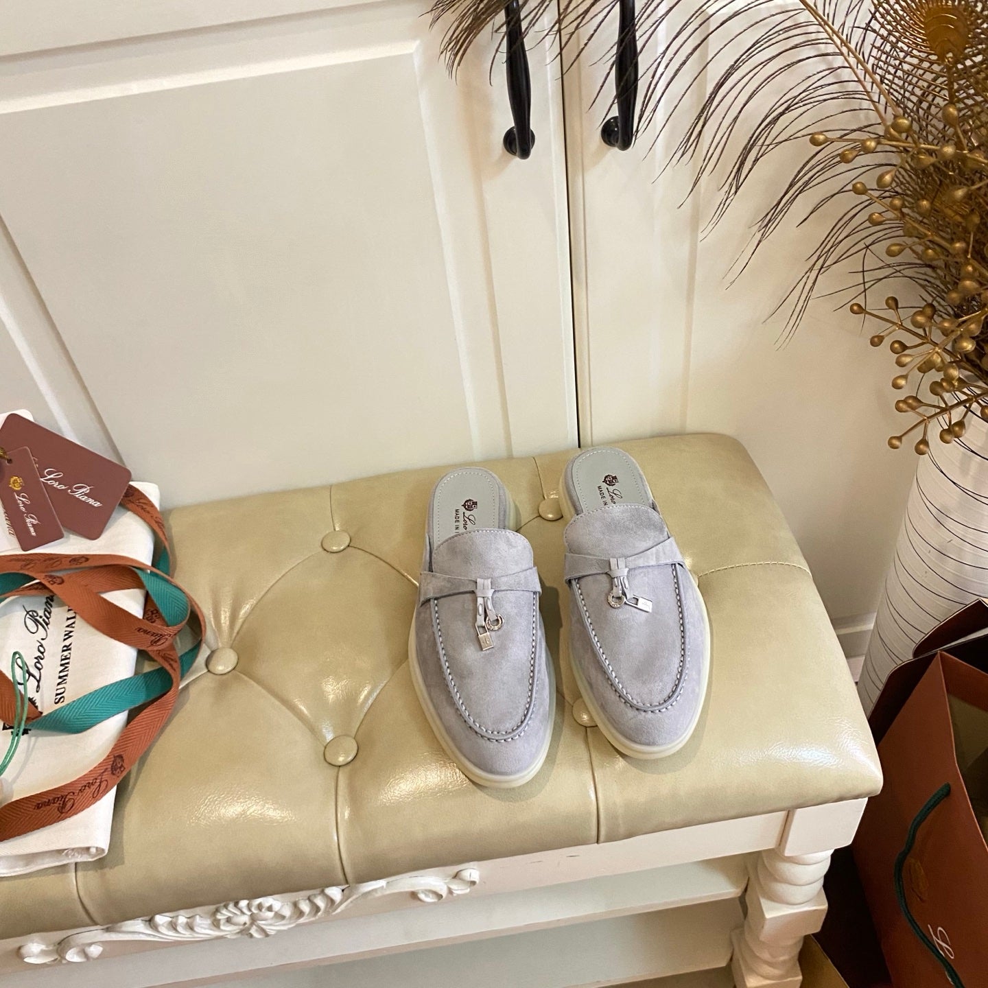 LP 26s Lock Charm Mules In Light Grey Suede Gold Hardware