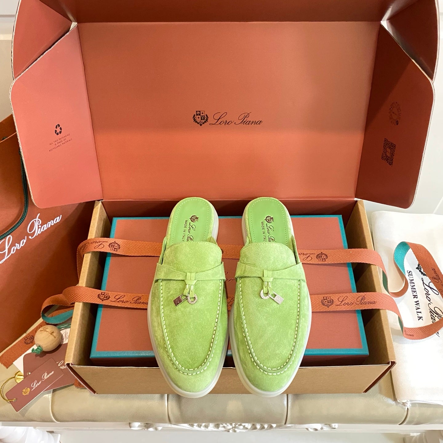 LP 26s Lock Charm Mules In Light Green Suede Gold Hardware