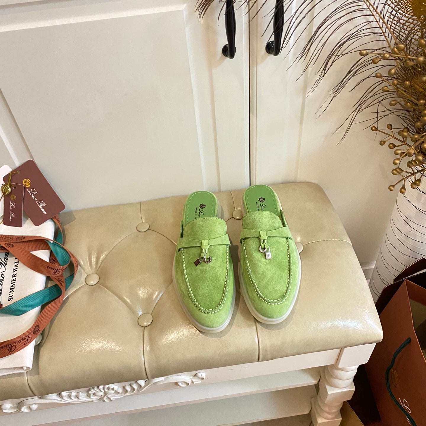 LP 26s Lock Charm Mules In Light Green Suede Gold Hardware