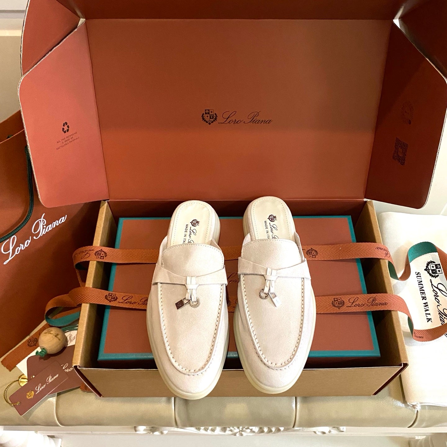 LP 26s Lock Charm Mules In Cream White Suede Gold Hardware