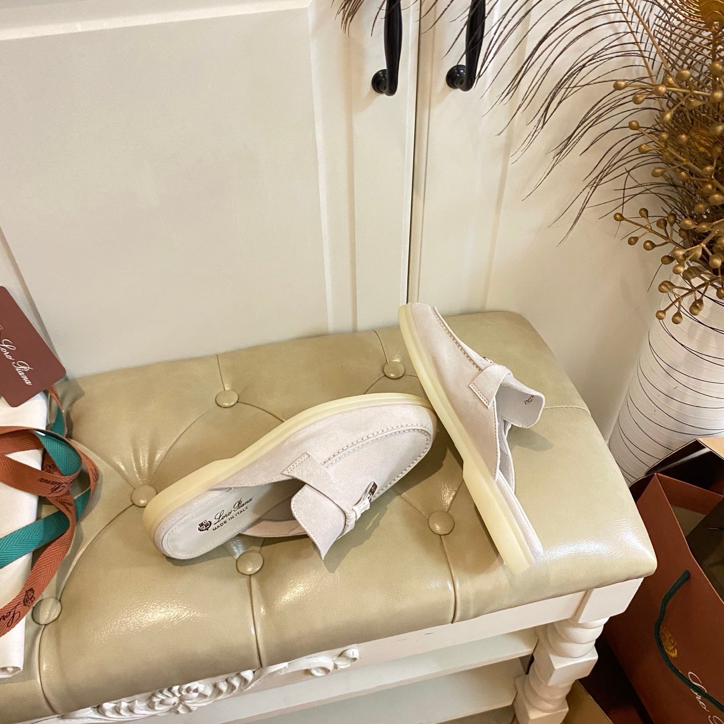 LP 26s Lock Charm Mules In Cream White Suede Gold Hardware
