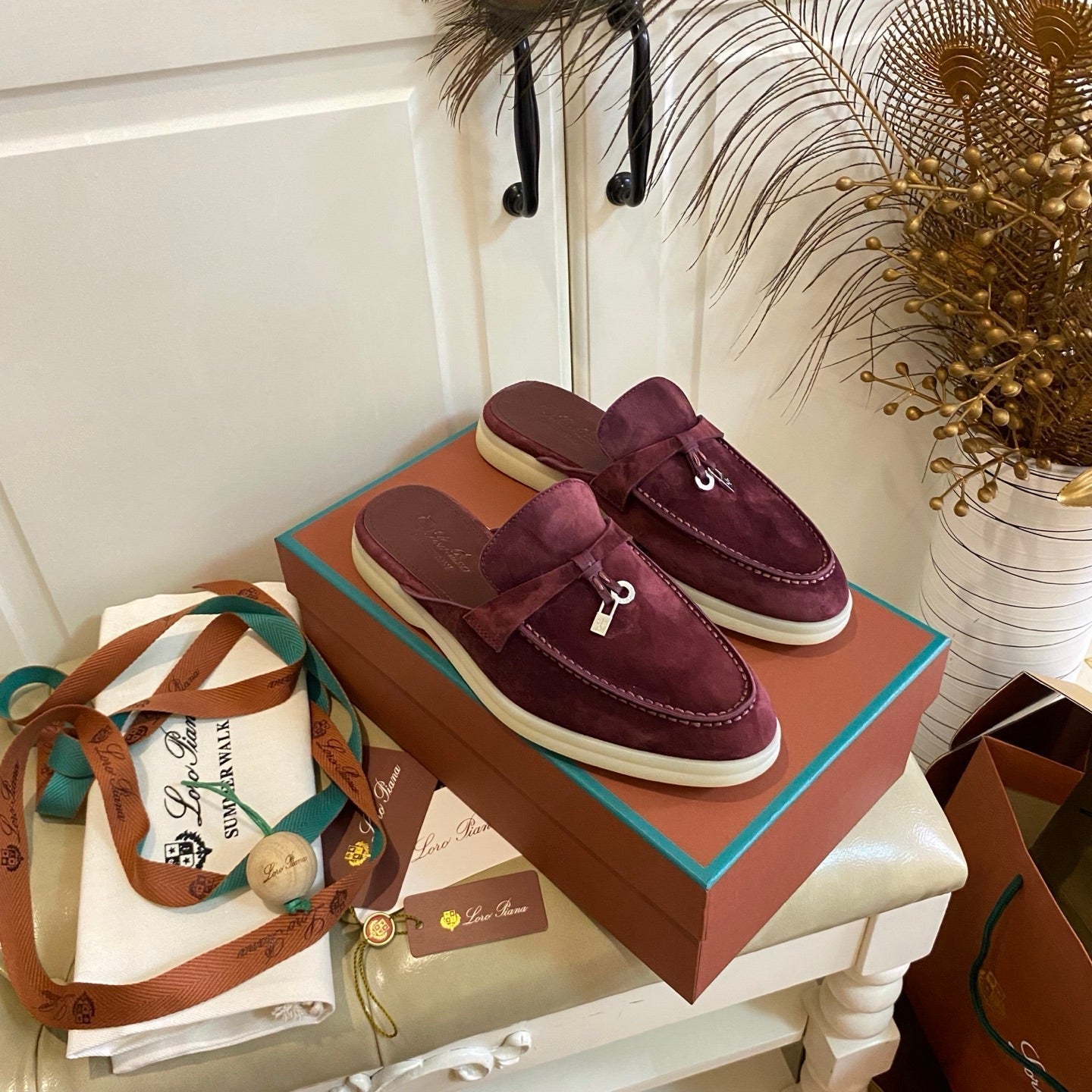 LP 26s Lock Charm Mules In Burgundy Red Suede Gold Hardware