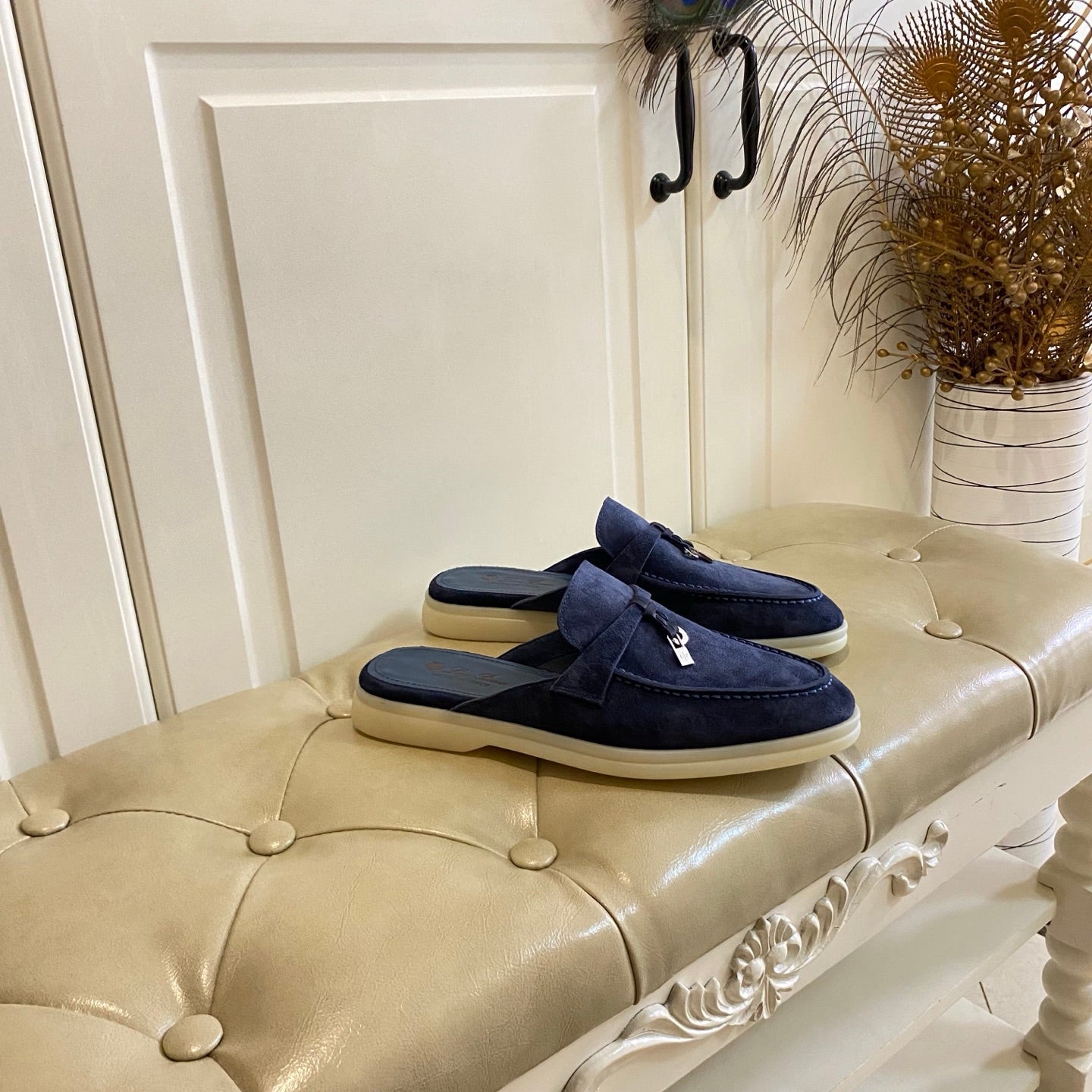 LP 26s Lock Charm Mules In Navy Blue Suede Gold Hardware