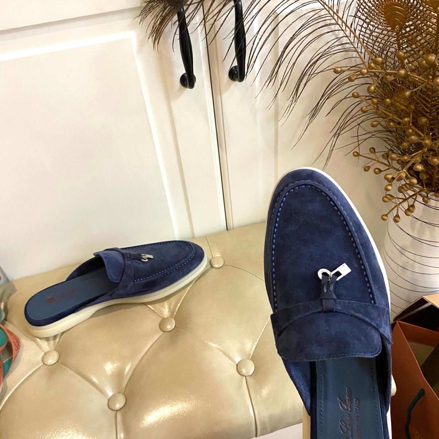 LP 26s Lock Charm Mules In Navy Blue Suede Gold Hardware