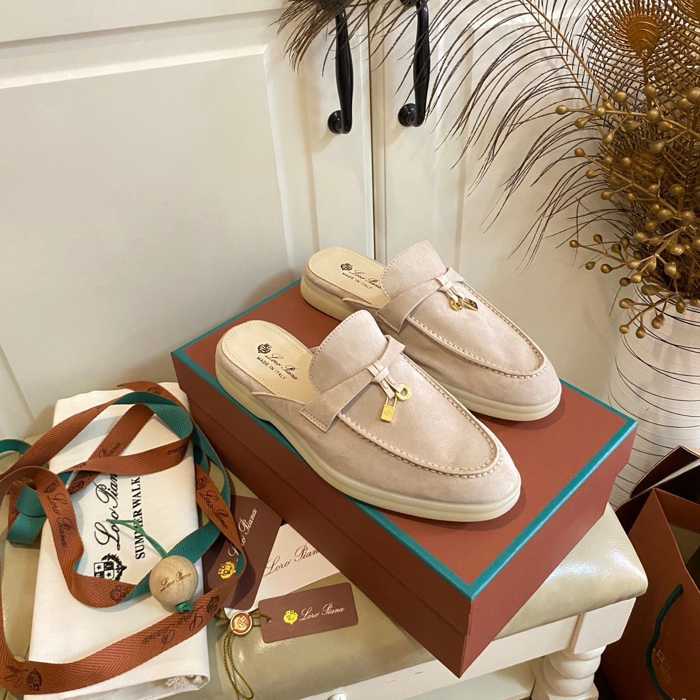 LP 26s Lock Charm Mules In Light Pink Suede Gold Hardware