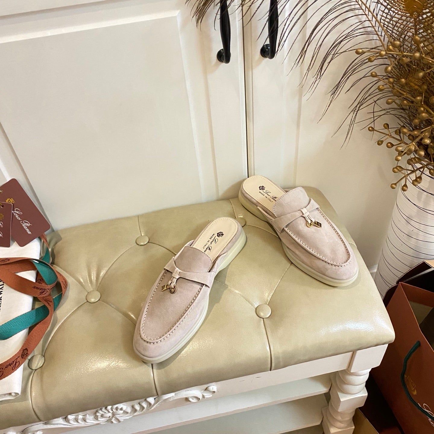 LP 26s Lock Charm Mules In Light Pink Suede Gold Hardware
