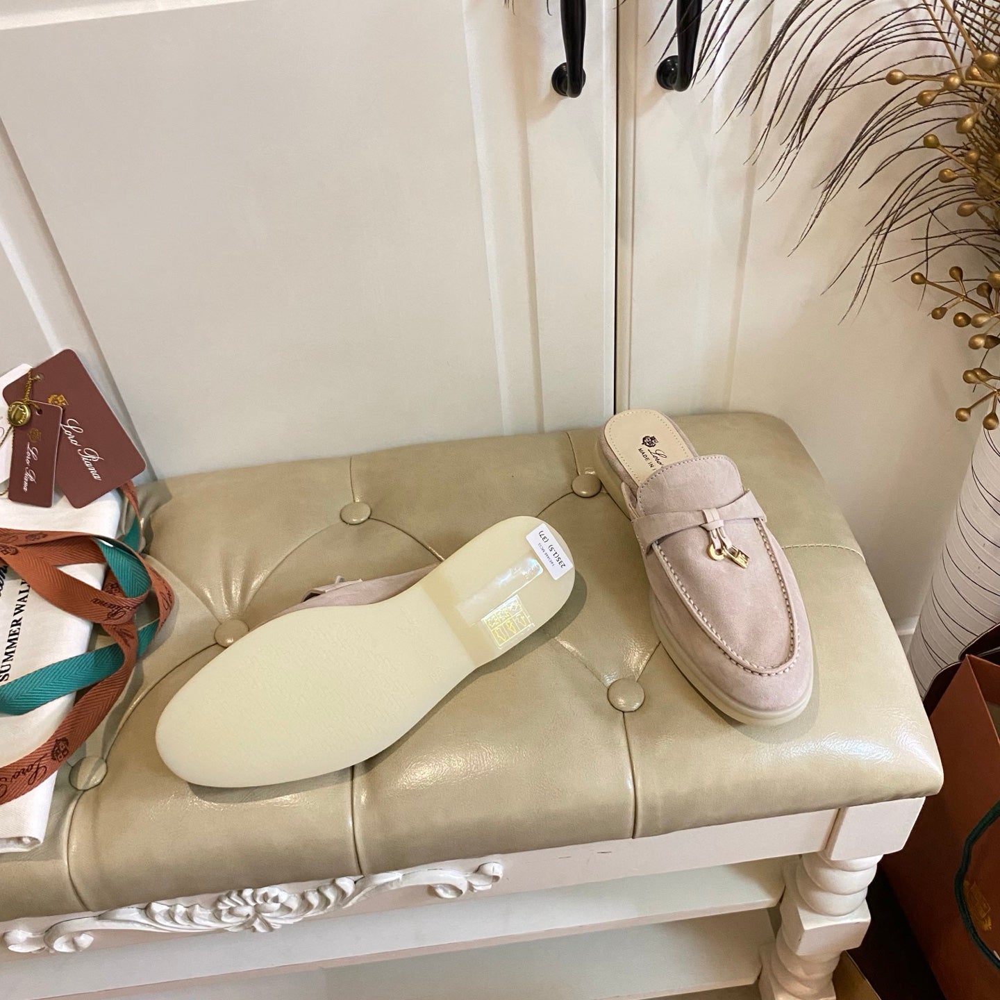 LP 26s Lock Charm Mules In Light Pink Suede Gold Hardware