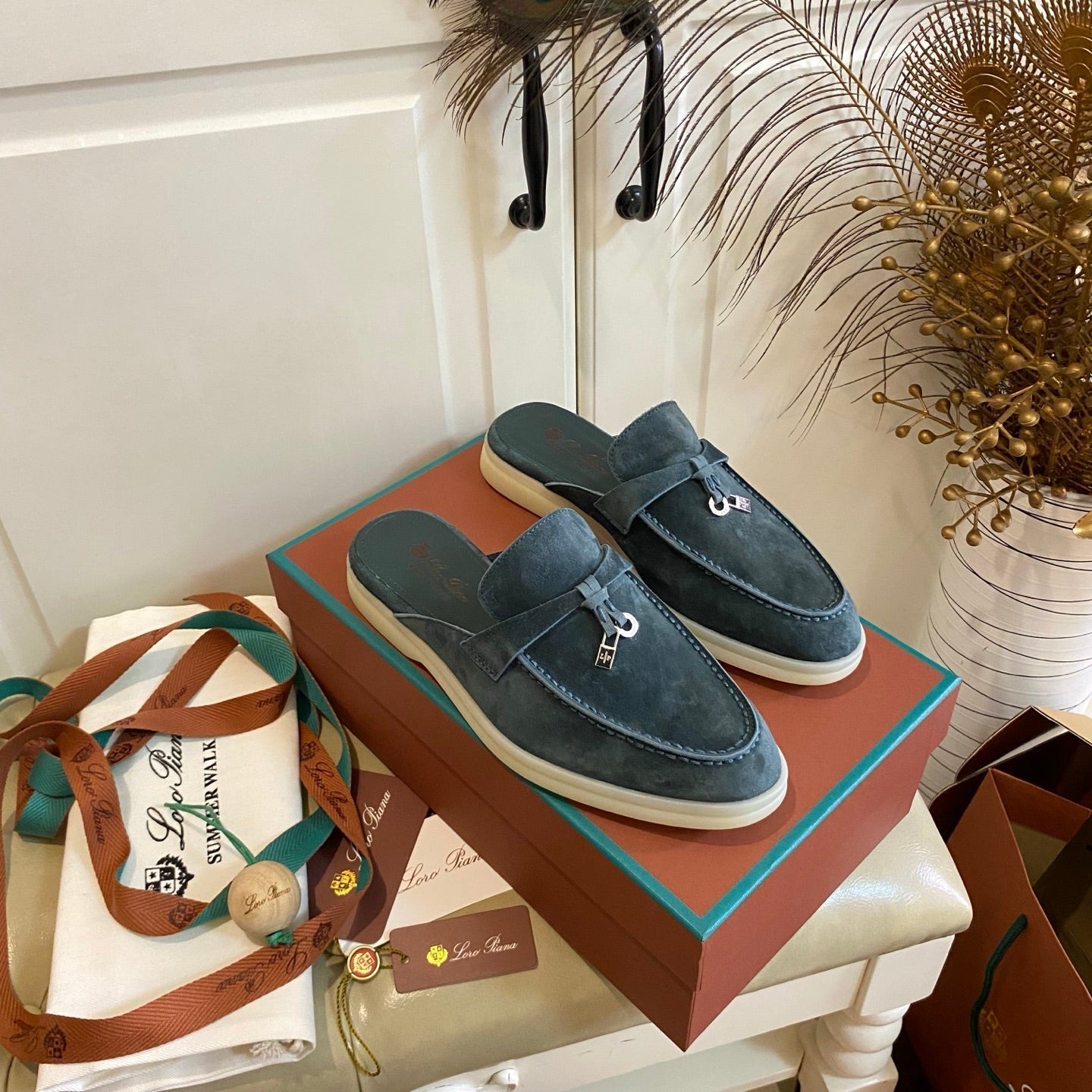 LP 26s Lock Charm Mules In Slate Blue Suede Gold Hardware