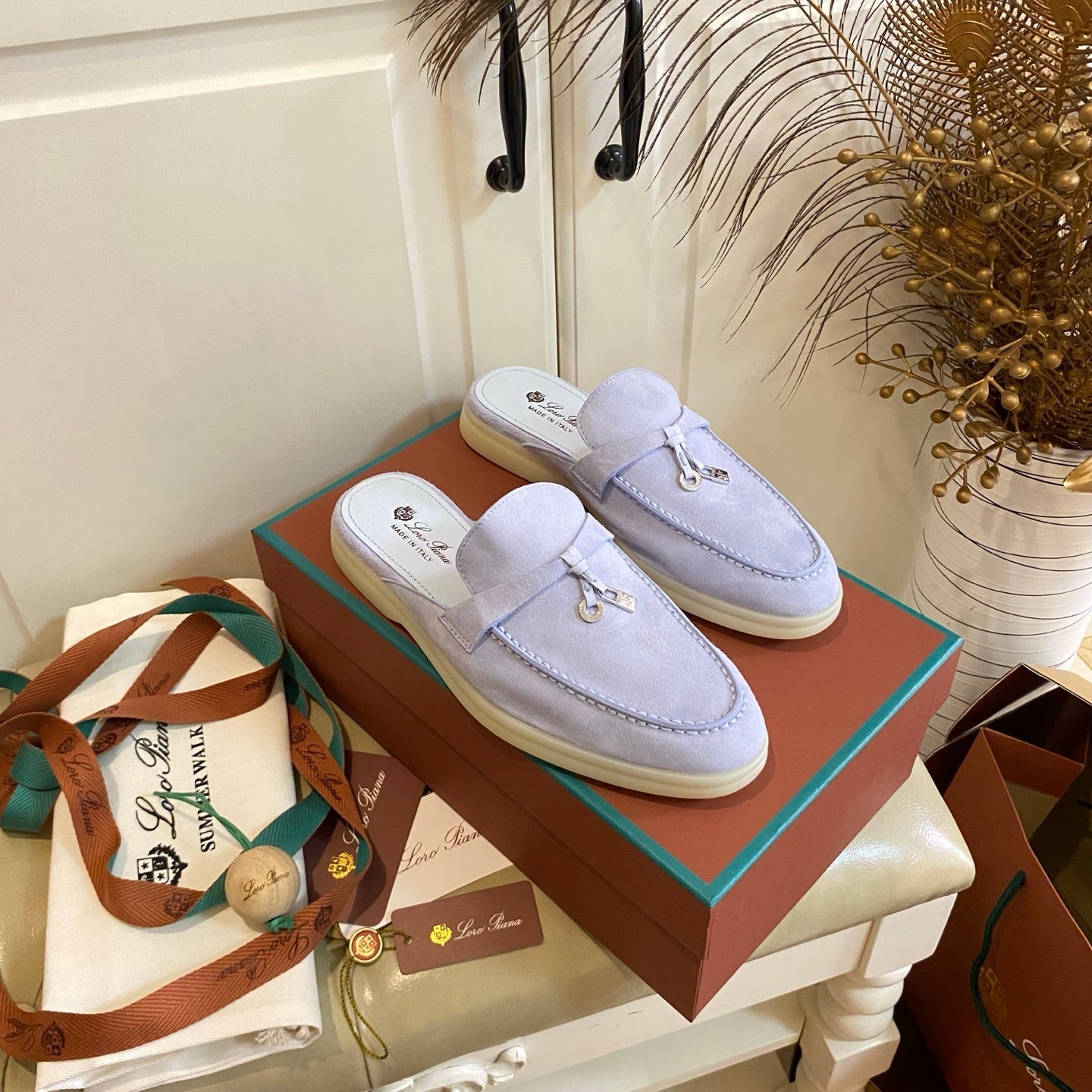 LP 26s Lock Charm Mules In Light Purple Suede Gold Hardware
