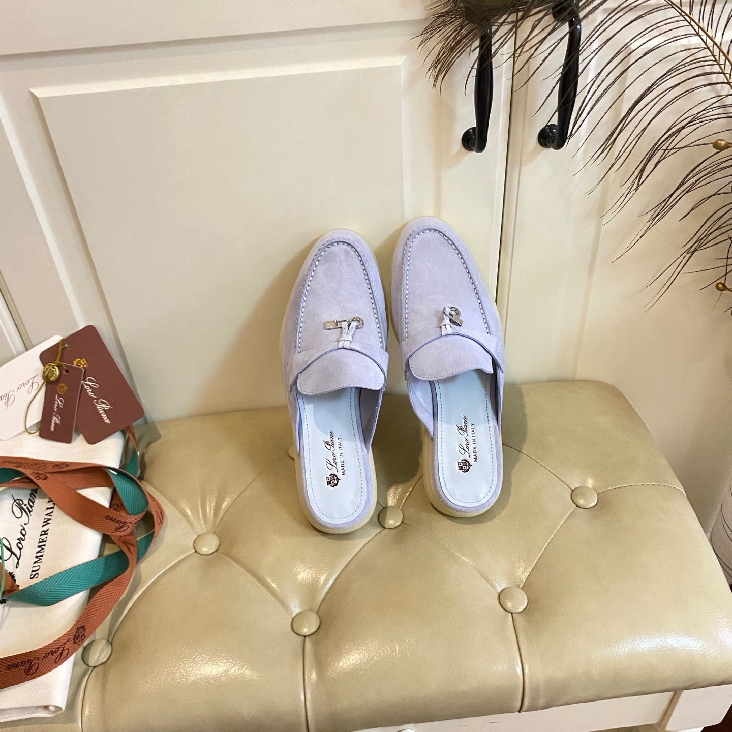 LP 26s Lock Charm Mules In Light Purple Suede Gold Hardware