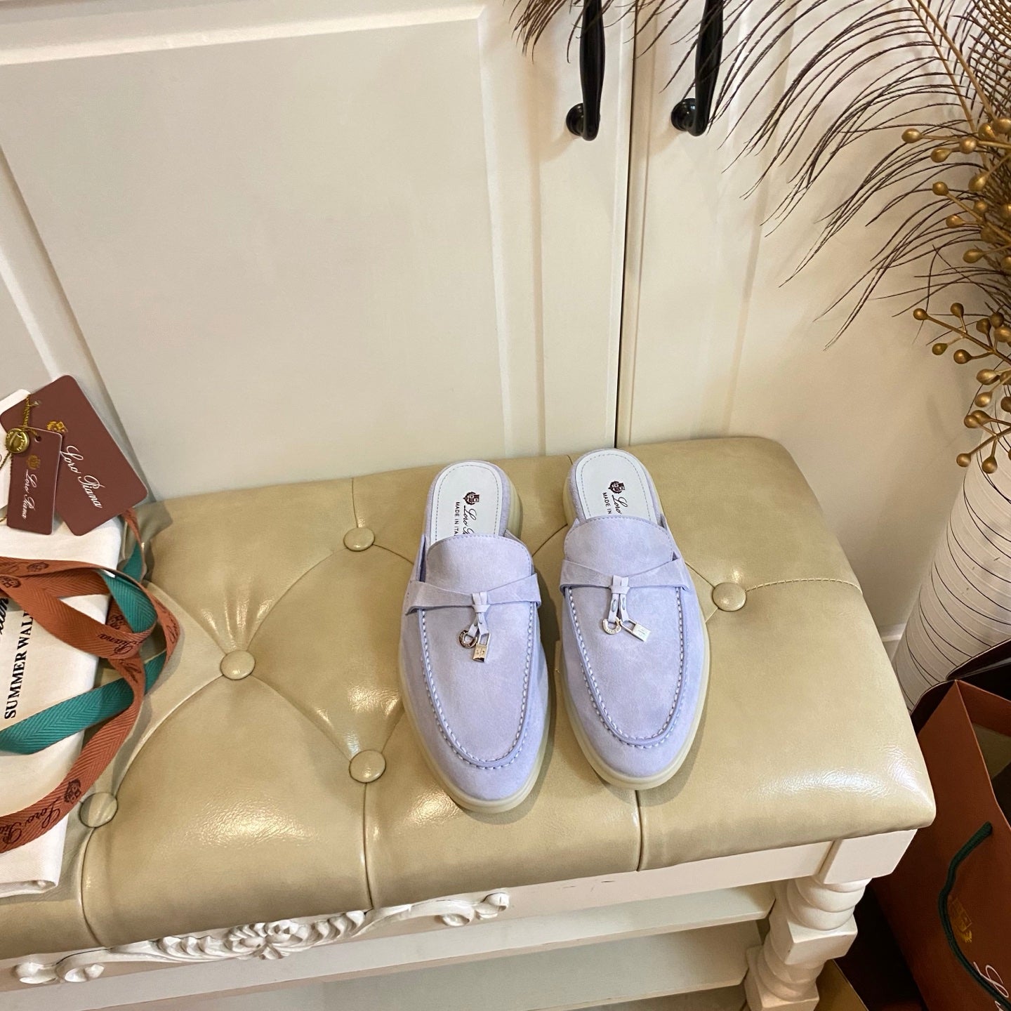 LP 26s Lock Charm Mules In Light Purple Suede Gold Hardware
